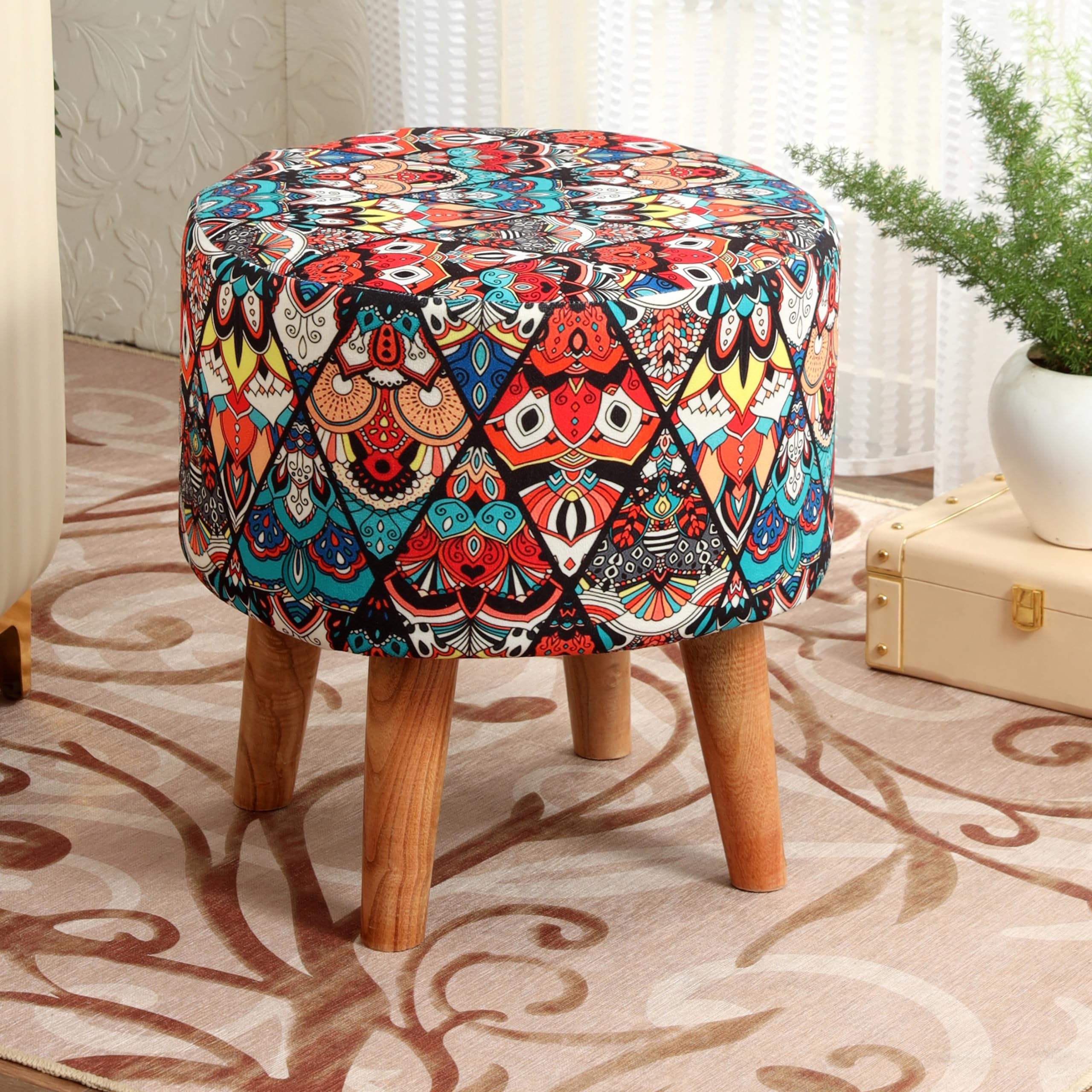 NACIA Printed Sitting Ottoman Stool (16X16X17 Inches) for Living Room, Bedroom | Wooden Pouffes for Sitting & Footrest | Puffy Foot Stool Furniture for Home Decor | Dressing Table Ottoman (Multicross)