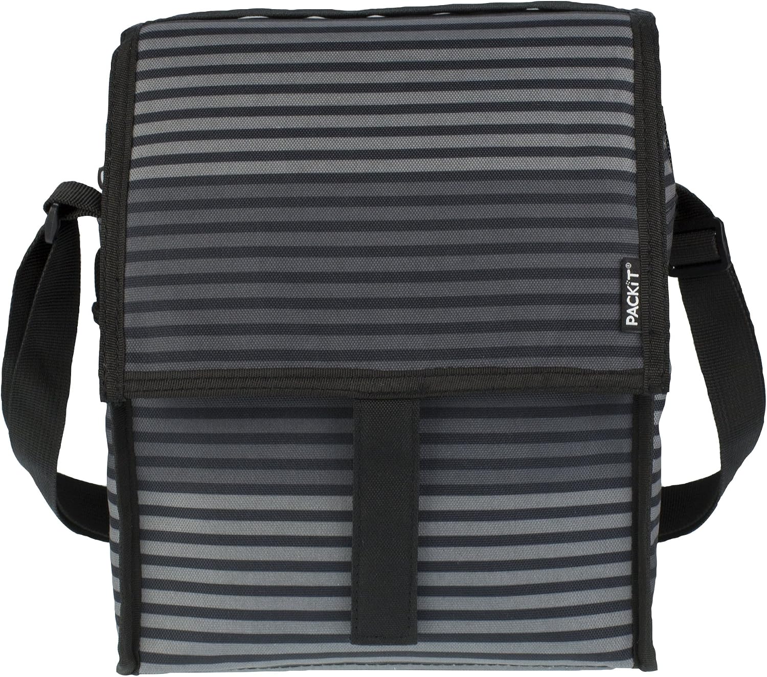 PackIt Freezable Deluxe Large Lunch Bag with Shoulder Strap, Gray Stripe