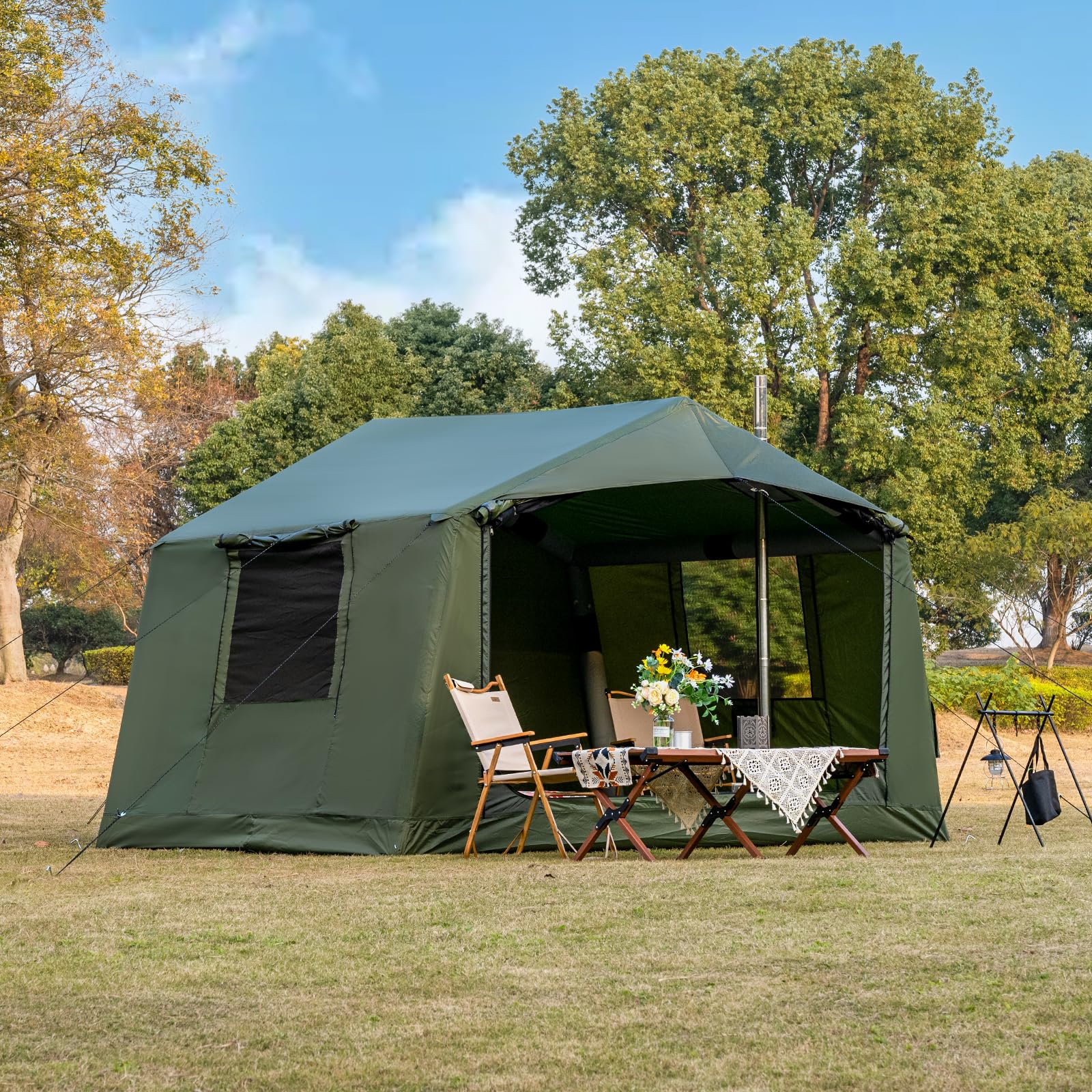 Tente de camping gonflable avec ouverture de cheminée, tente gonflable pour 4 à 6 personnes avec pompe à air, tentes gonflables en tissu Oxford imperméable pour les saisons, montage rapide