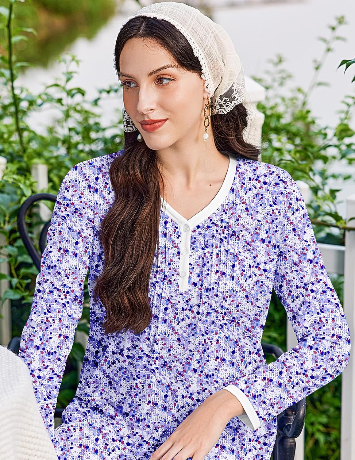 Ekouaer Cotton Nightgowns for Women Long Sleeve Nightgown Full Length Night Gown Soft Comfy Nightdress Button Sleep Shirts
