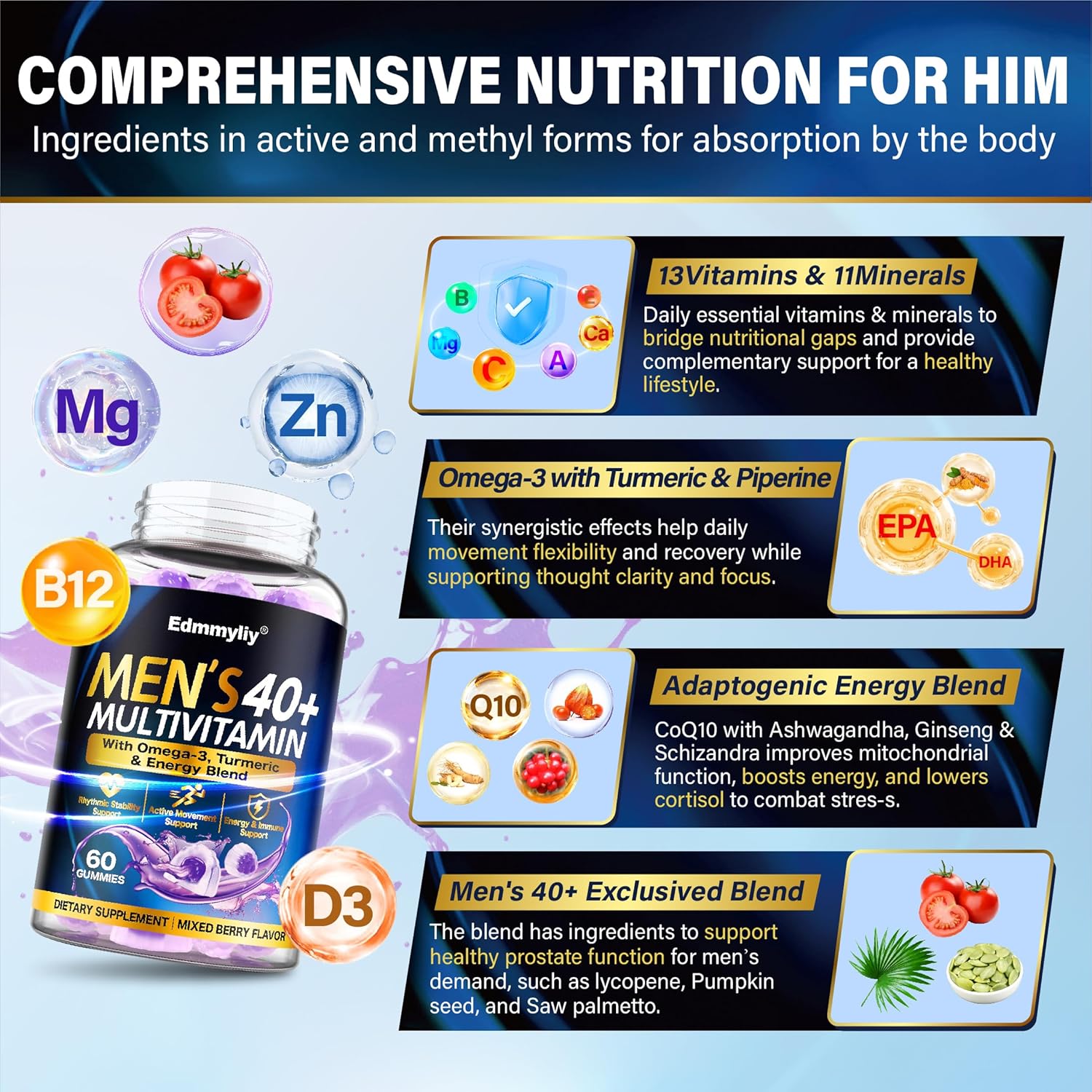 Multivitamin Gummies for Men 40 Plus - Vitamin A C D E B6 B12 with Omega-3 Calcium for Men - Energy & Immune Support Daily Vitamins - Sugar-Free & Vegan