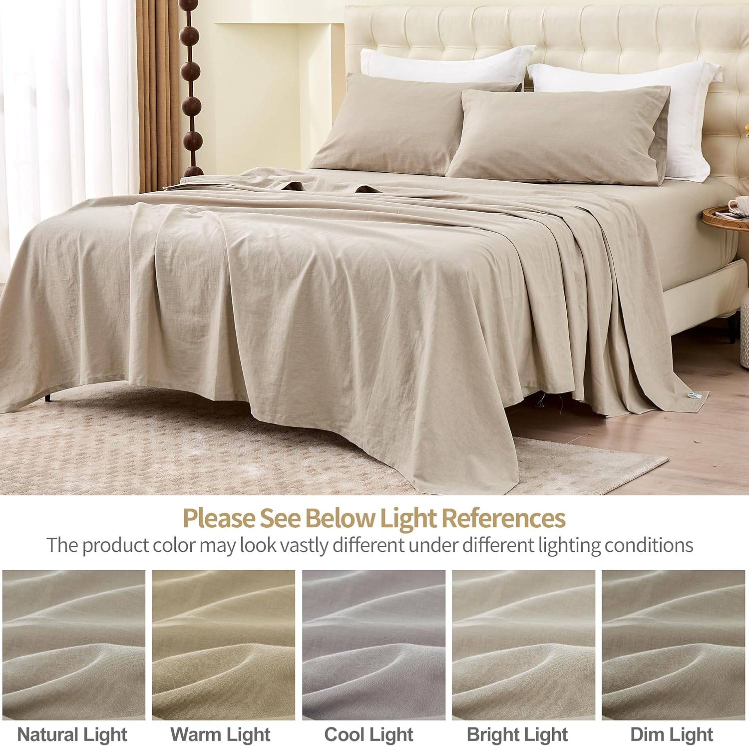 Simple&Opulence Belgian Linen Sheet Set Solid Color - 3 Pieces (1 Flat Sheet & 1 Fitted Sheet & 1 Pillowcase) Natural Flax Cotton Blend Soft Bedding Breathable Farmhouse - Khaki, Twin Size