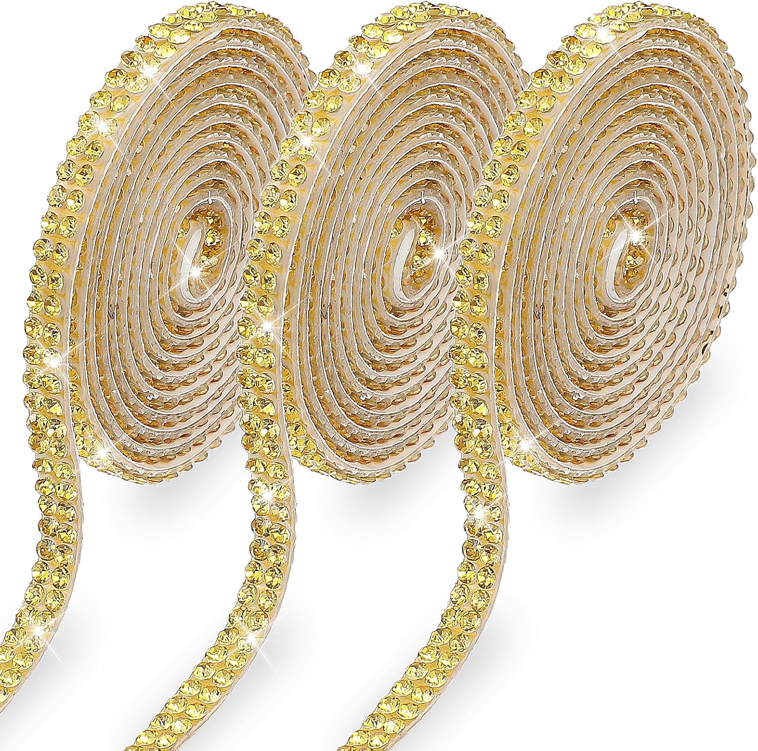 Sibba 3 Rolls Self Adhesive Rhinestone Ribbon, Bling Crystal Rhinestone Strips Tape Glitter Fabric Trim for DIY Crafts Clothes Car Shoes Party Decor Embellishments, Gold