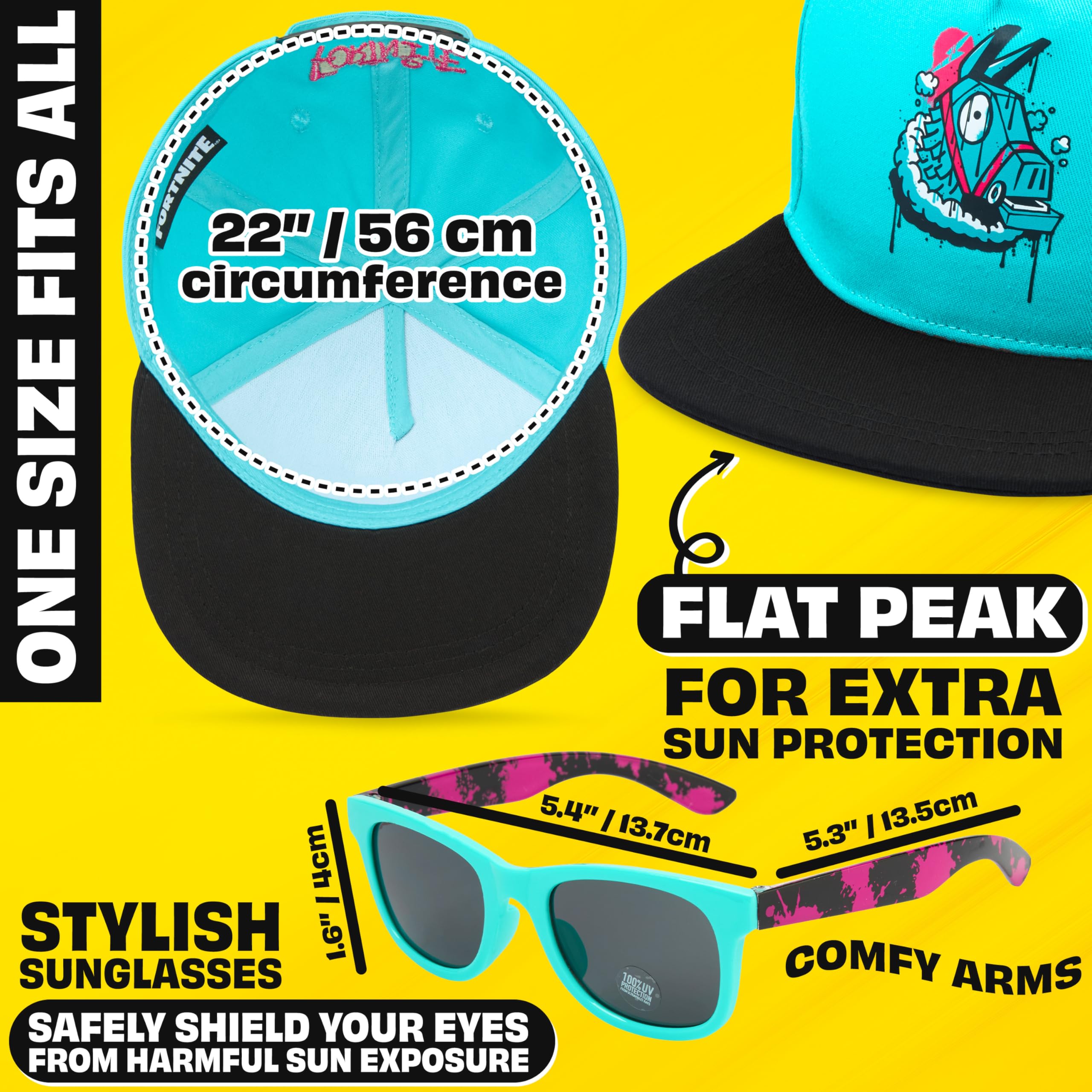 Get Trend Czapki i okulary przeciwsłoneczne dla chłopców Fortnite (6-14 lat, niebieski zestaw Fortnite)