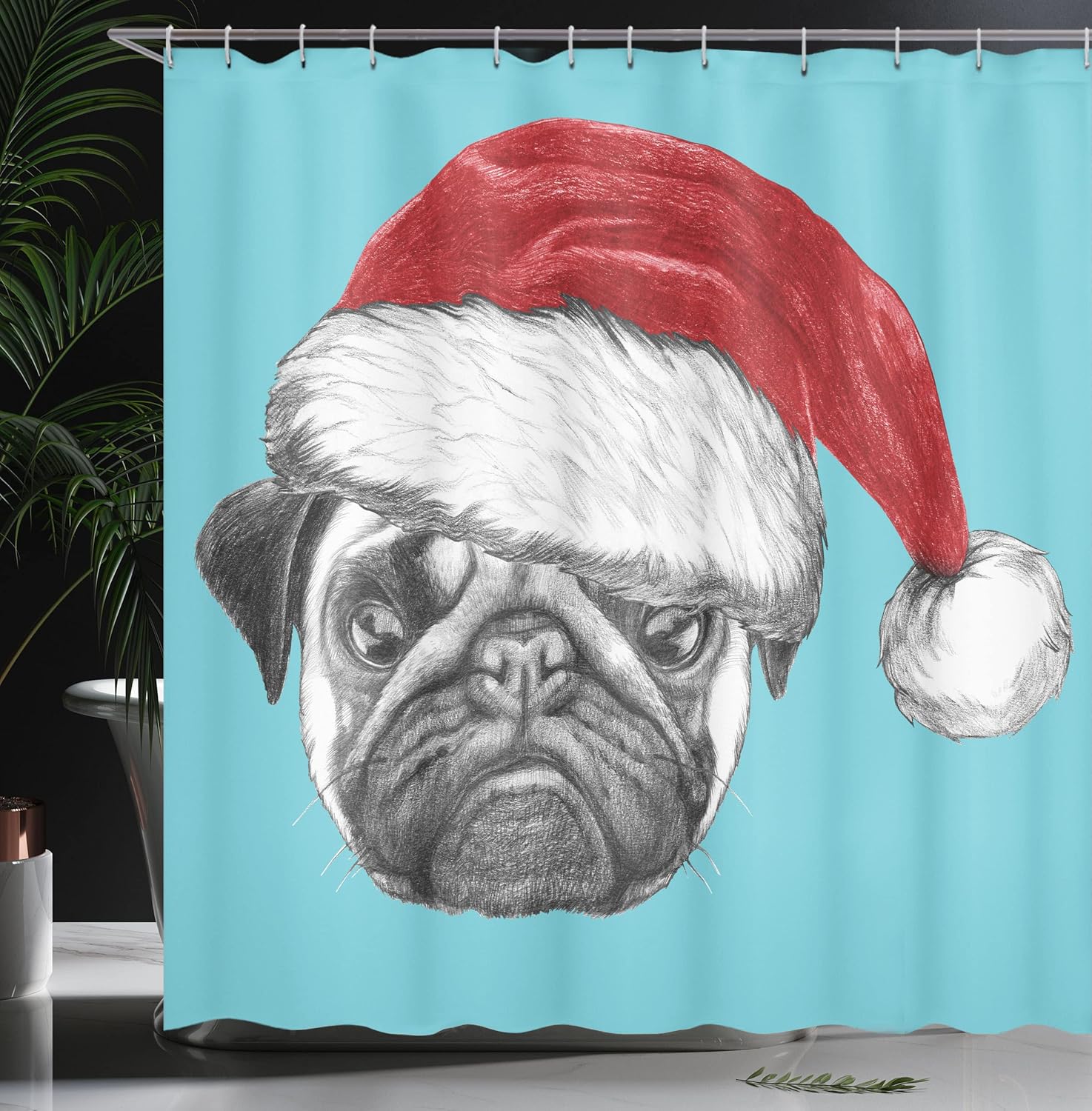 Ambesonne Pug Shower Curtain, Dog Portrait with Santa Hat Christmas Imagery Fun Illustration on Blue Background, Fabric Bathroom Decor Set with Hooks, 69" W x 70" L, Blue Ruby Grey