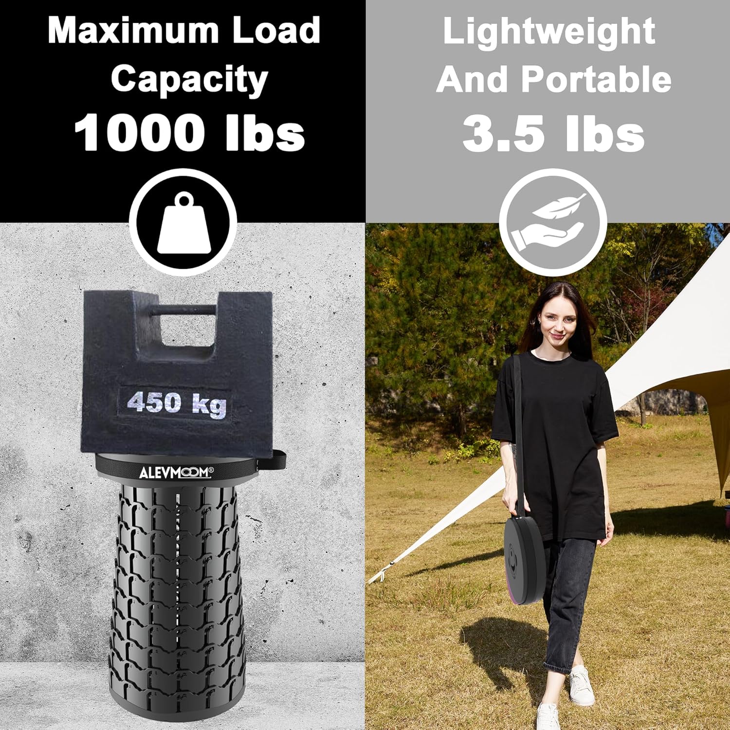 ALEVMOOM Upgraded 19.7" XXL Collapsible Stool with Cushion, Portable Telescoping Stool Capacity 1000lbs Heavy Duty Retractable Folding Chair for Adults for Camping Fishing Hiking BBQ