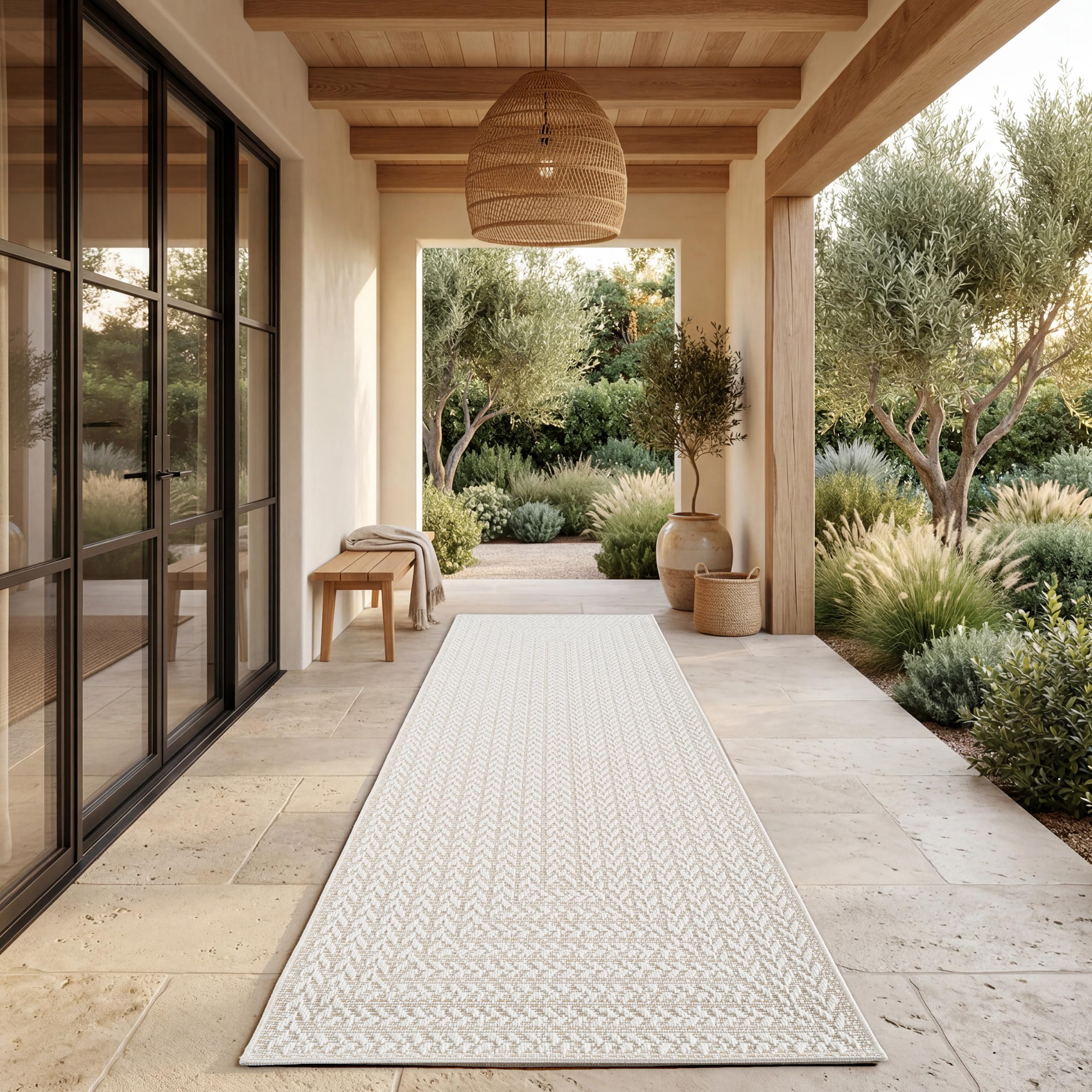 Paco Home Outdoor Rug Weatherproof Balcony Kitchen Rug Living Room Boho Geometric Pattern Sisal Look Solid Color Design Cream, Size:80x250 cm — image 1