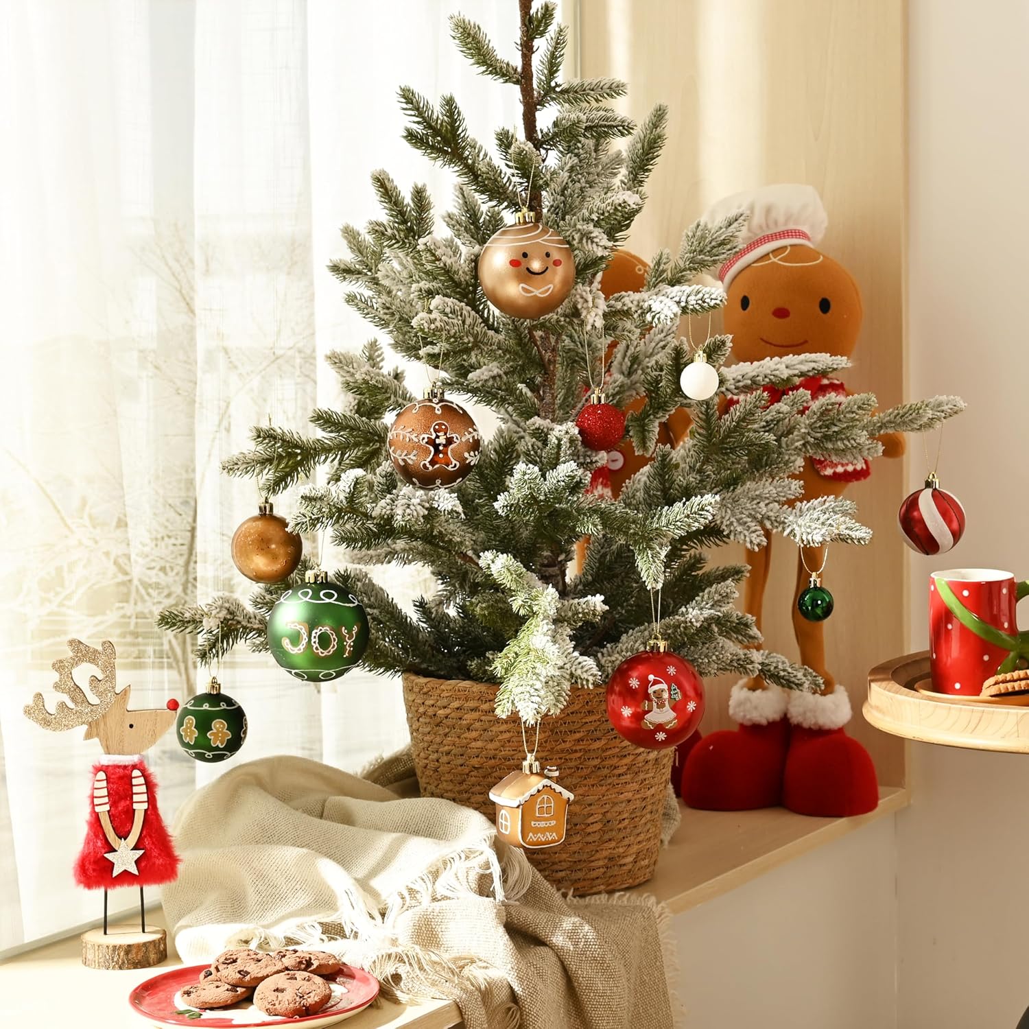 DecorbyHannah Gingerbread Christmas Ornaments Set, 60ct Shatterproof Red Green Gold Christmas Ornaments for Xmas Tree, Assorted Decorative Hanging Plastic Ball Bulk for Xmas Home Party Decor