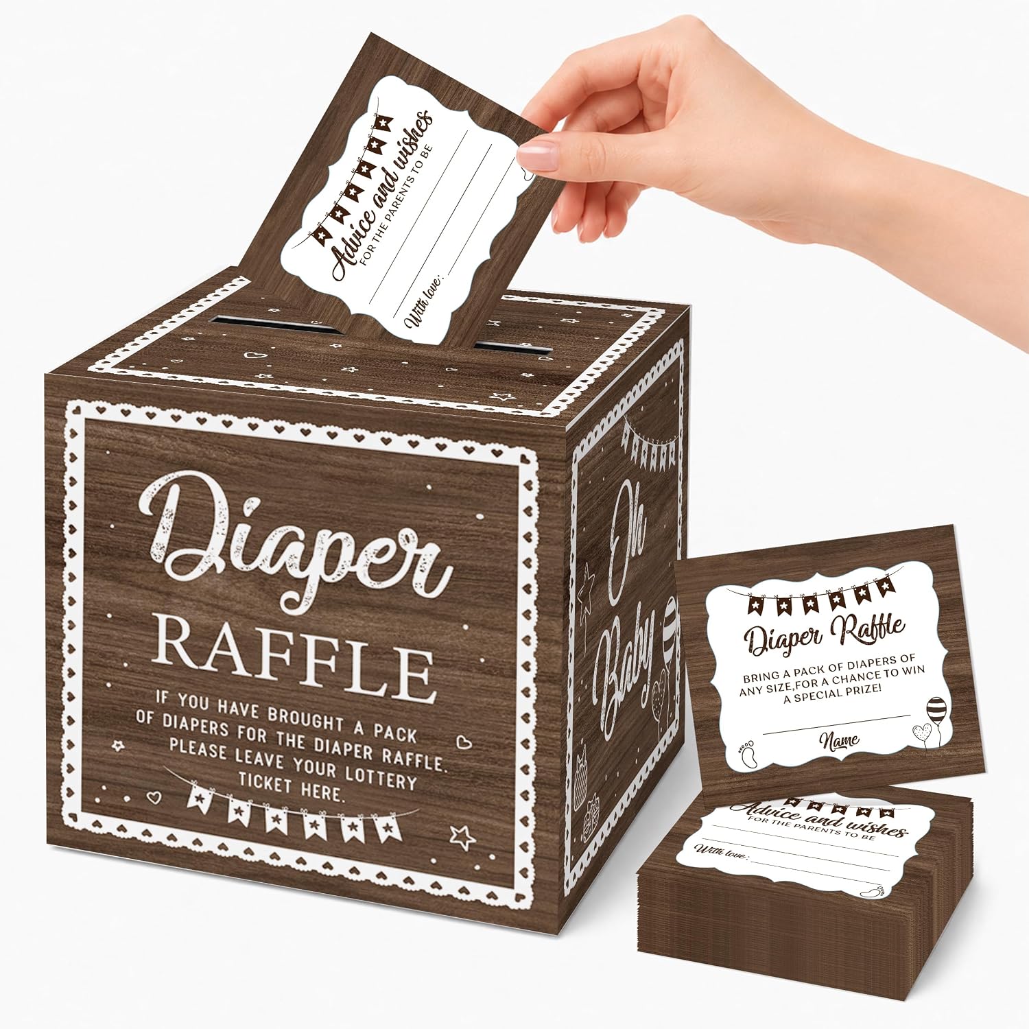 Dark Brown Diaper Raffle Tickets with Card Box for Baby Shower, 50 Diaper Raffle Advice And Wishes Tickets for Guests, Baby Shower Party Decorations for boy girl