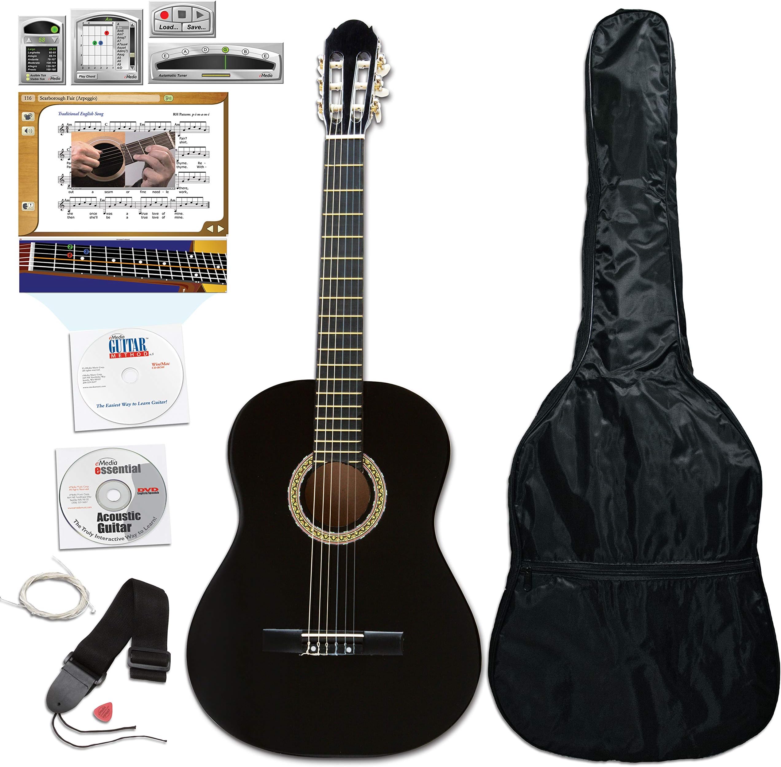eMedia Essential Guitar Pack with eMedia Guitar Method Lessons, Full-size Classical Guitar, Gig Bag, Strap, Strings, and Pick (EG04161)