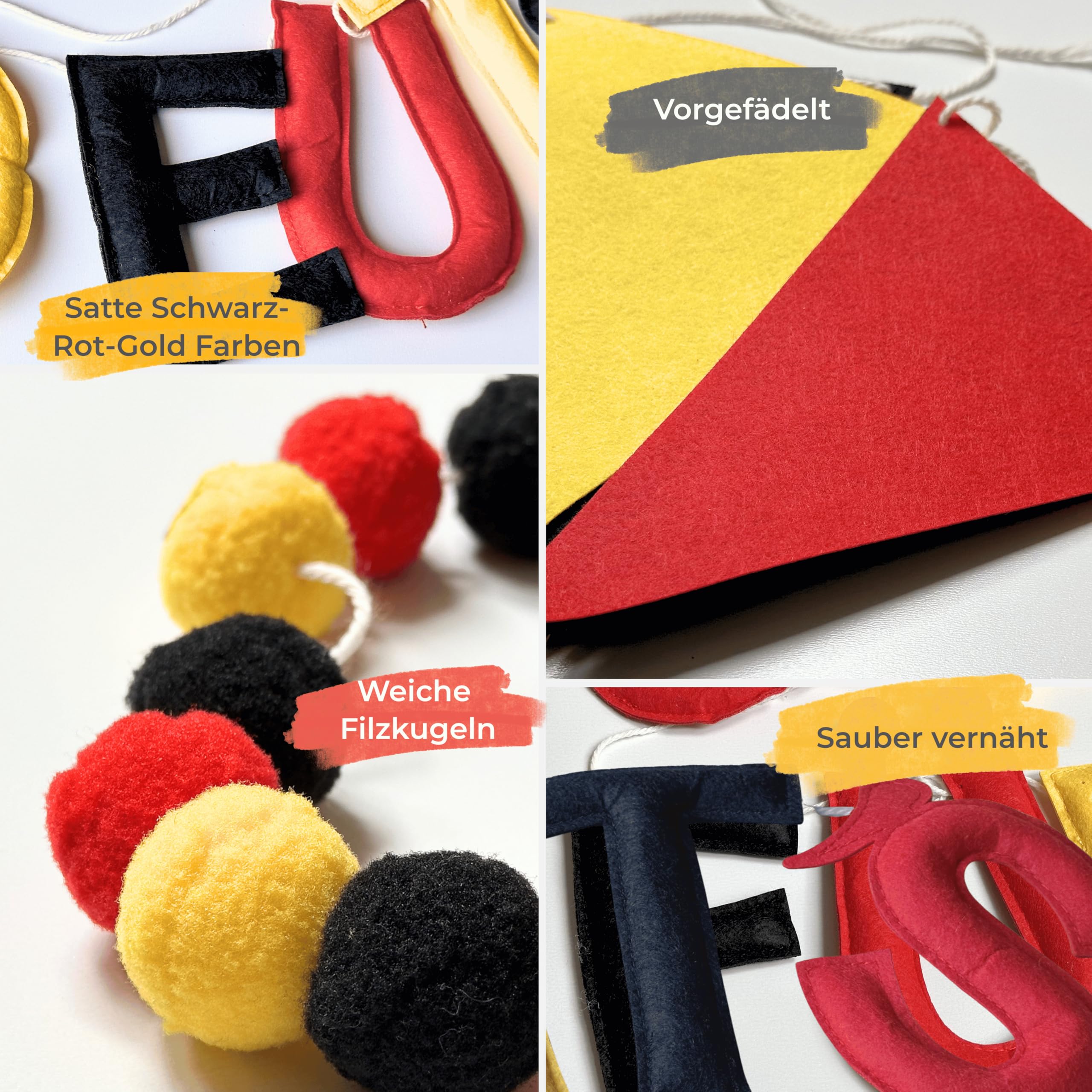 Auf geht’s Deutschland Fan Girlande aus Filz, 3-teiliges Fußball Deko Set | Vorgefädelt & sofort aufhängbar, mit Wimpelkette und Filzkugeln – Fußball PartyDeko für WM-Abend, Garten, Bar & Fanbereich