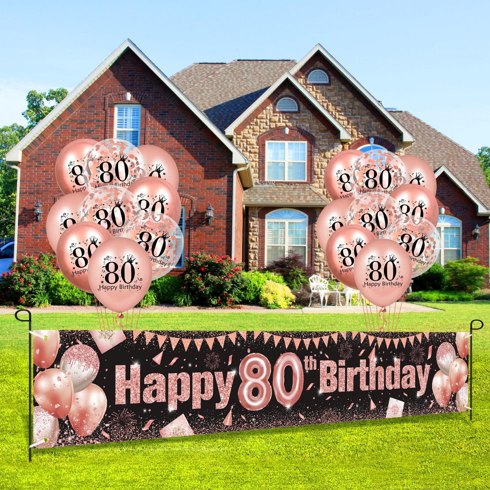 Rose Gold & Black 80th Birthday Decorations - Yard Banner & 18 Balloons Party Set