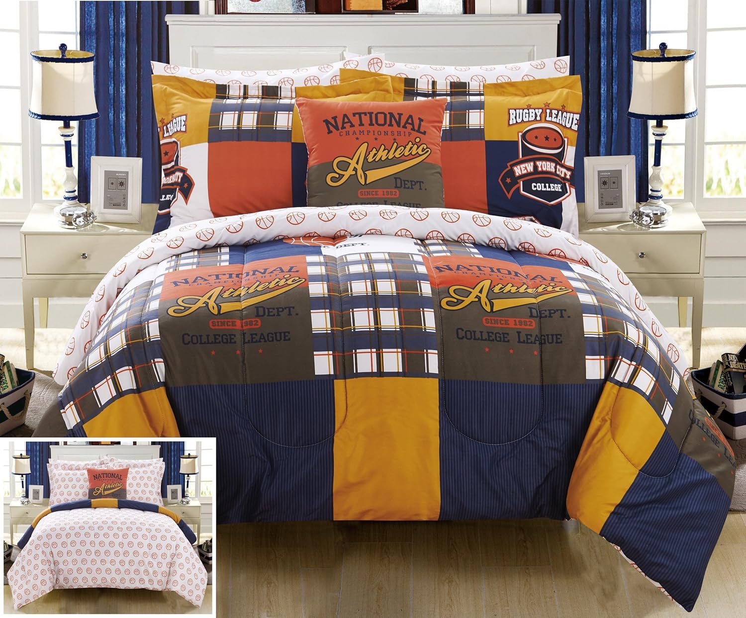 Chic Home Corey 6 Piece Reversible Comforter Set Patchwork Print Athletic Youth Design Bed in a Bag - Sheet Set Decorative Pillow Shams Included, Twin/Twin XL Size