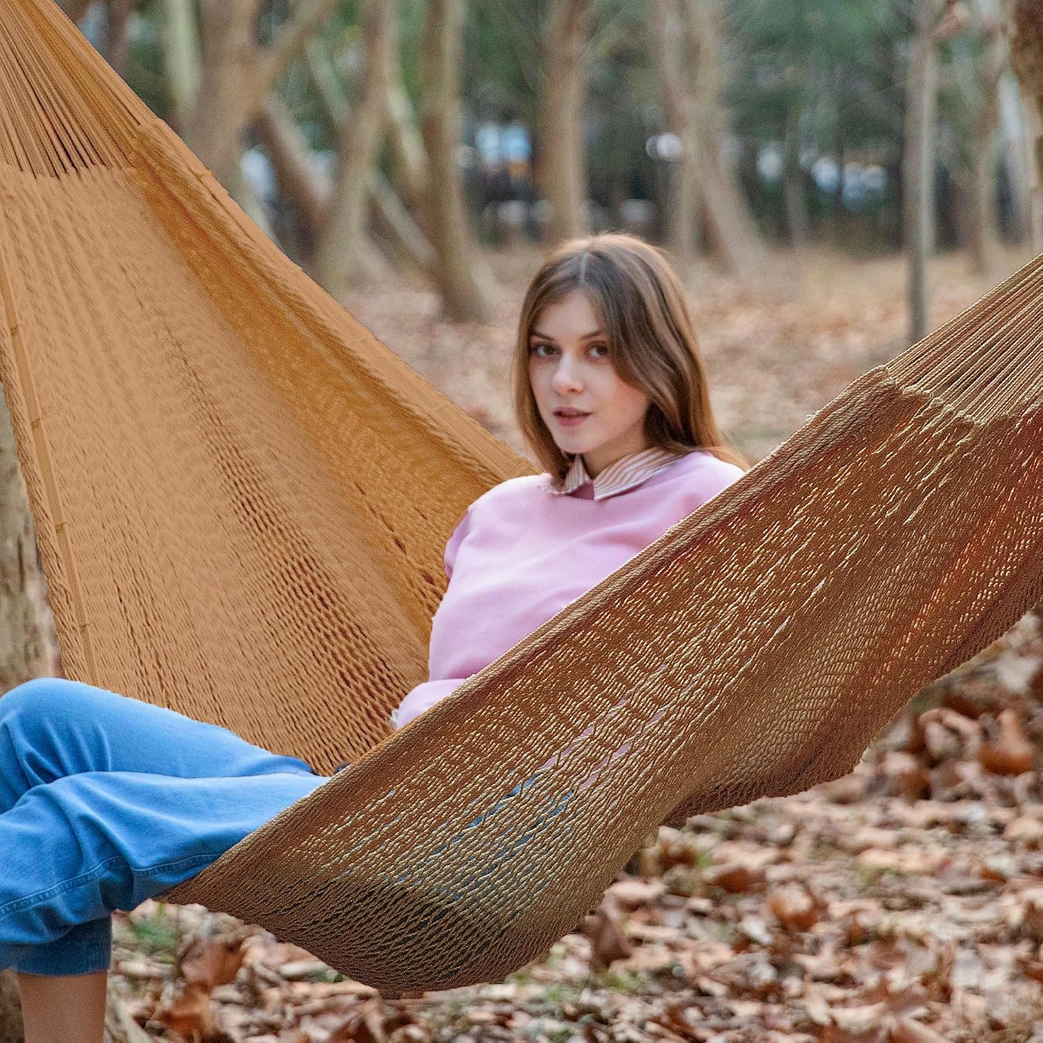 PNAEUT Handwoven Mayan Hammock, Thick Soft Rope Double Hammock for Outdoor Outside & Indoor, 600 lbs Capacity Heavy-Duty, Includes Tree Straps, Carabiners & Carrying Bag (Desert, X-Large)