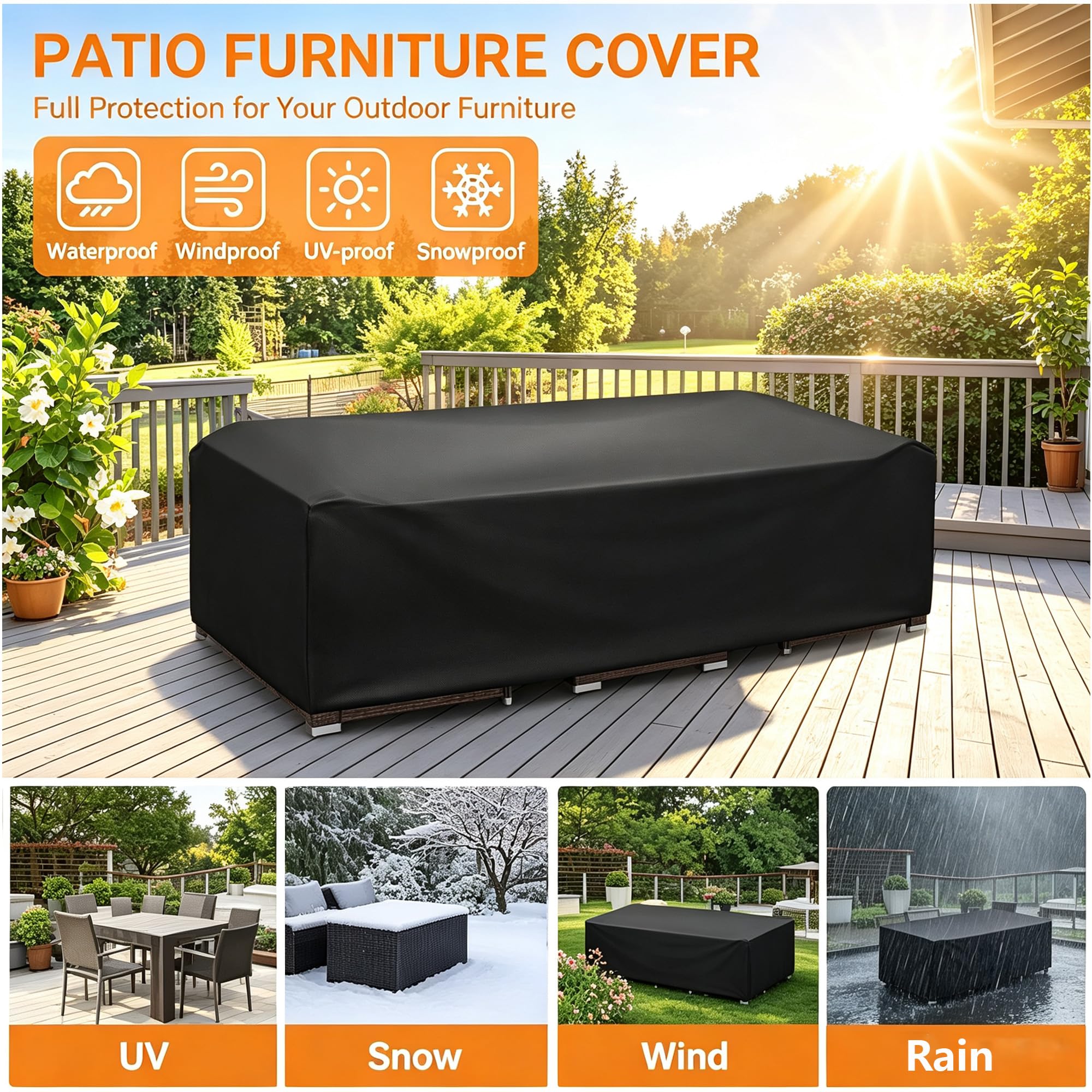 Housse Salon de Jardin Exterieur, 230x200x90cm/LxIxH Housse Table de Jardin Oxford 420D, Revêtement PU Imperméable, Sangles & Cordon Anti-Vent, Anti-UV, Rectangulair Bache Table Exterieur