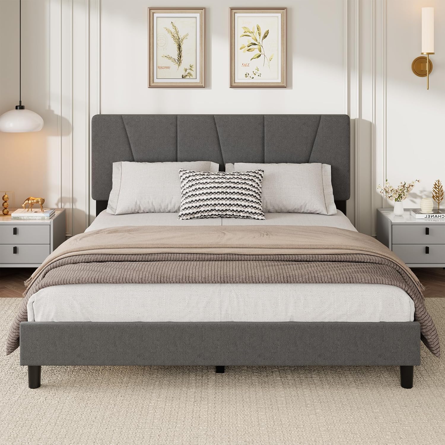 IDEALHOUSE Queen Size Bed Frame with Adjustable Headboard, Linen Upholstered Queen Platform Bedframe with Strong Wooden Slats, Mattress Foundation, No Box Spring Needed, Easy Assembly