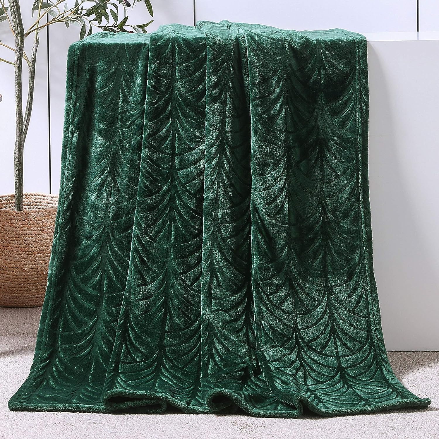 Whale Flotilla Manta para Sofá con diseño de Hojas, Manta para Cama de Franela Muy Suave y Acogedora, 130 x 150 cm, Verde Oscuro