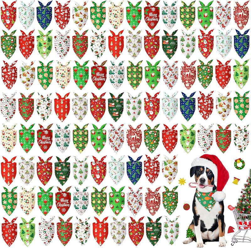 Bandanas de Natal para Cães Abbylike com Estampas Festivas, Poliéster, Pacote com 100