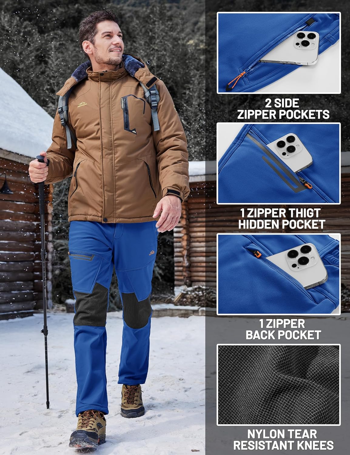 TACVASEN Men's Snow Ski Pants Winter Fleece Lined Pants for Mens Water Resistant Snowboarding Hiking
