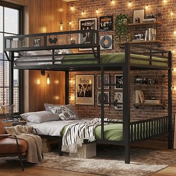 Queen Over Queen Bunk Bed with Storage Shelves, Heavy Duty Metal Bunk Beds Queen Size Frame with High Rails & Solid Slats for Adults Teens Kids, No Box Spring Required, Noise-Free Steel Slats, Black
