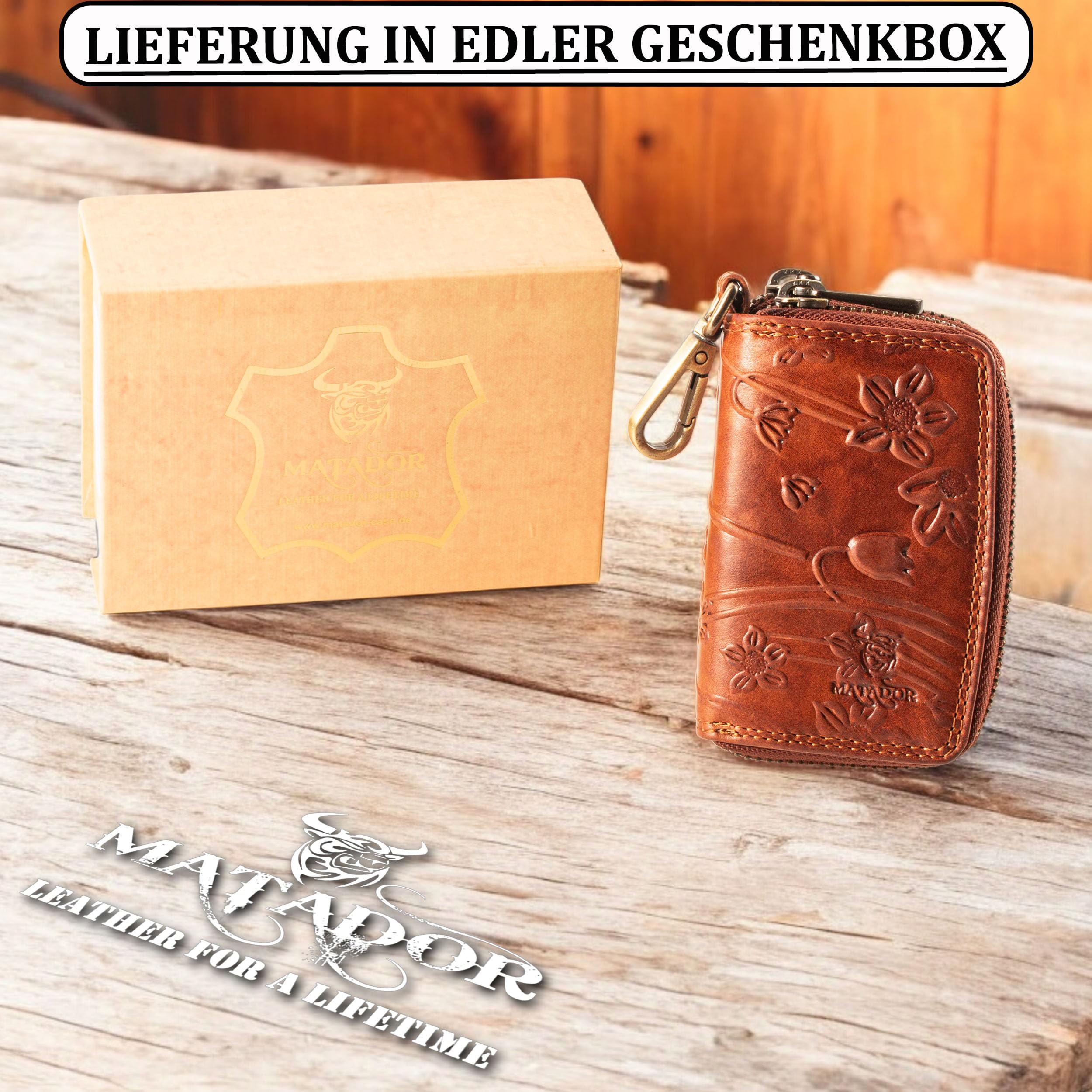 MATADOR Sac pour Clef - Etui à Clé en Cuir Véritable | Porte Clés avec Double Femeture Éclair en Métal et Mousqueton | Mini Pochette Rangement Clef Protection Organiseur avec Boîte Cadeau elegant