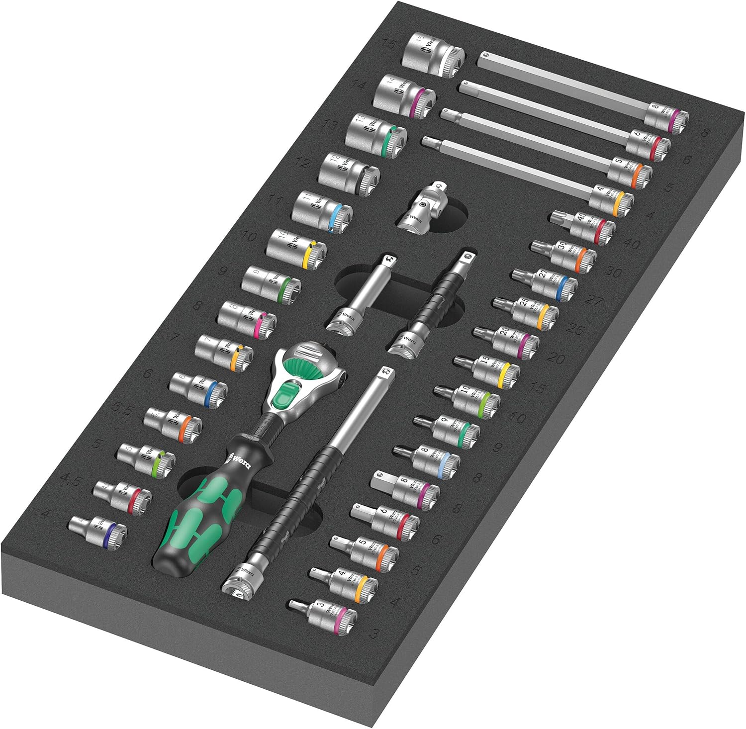 Wera 05150110001 9720 Foam Insert 8000 A Zyklop 1/4" Ratchet Set 1, 37 Pieces, Black Green