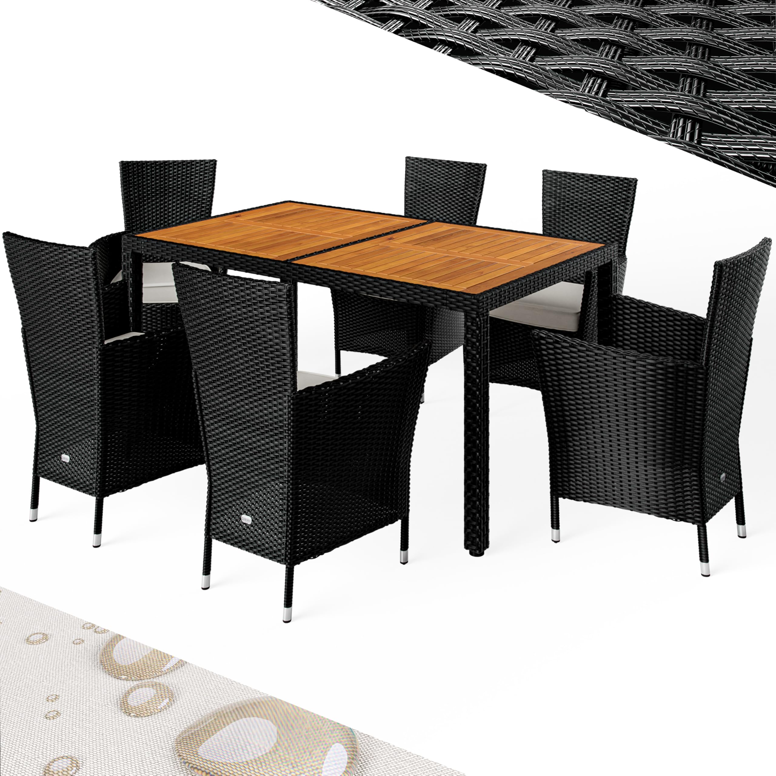CASARIA® Mesa y Sillas Jardín Madera Acacia Poliratán 6 Sillas Apilables Mesa 150x90cm Conjunto Terraza Resistente Intemperie