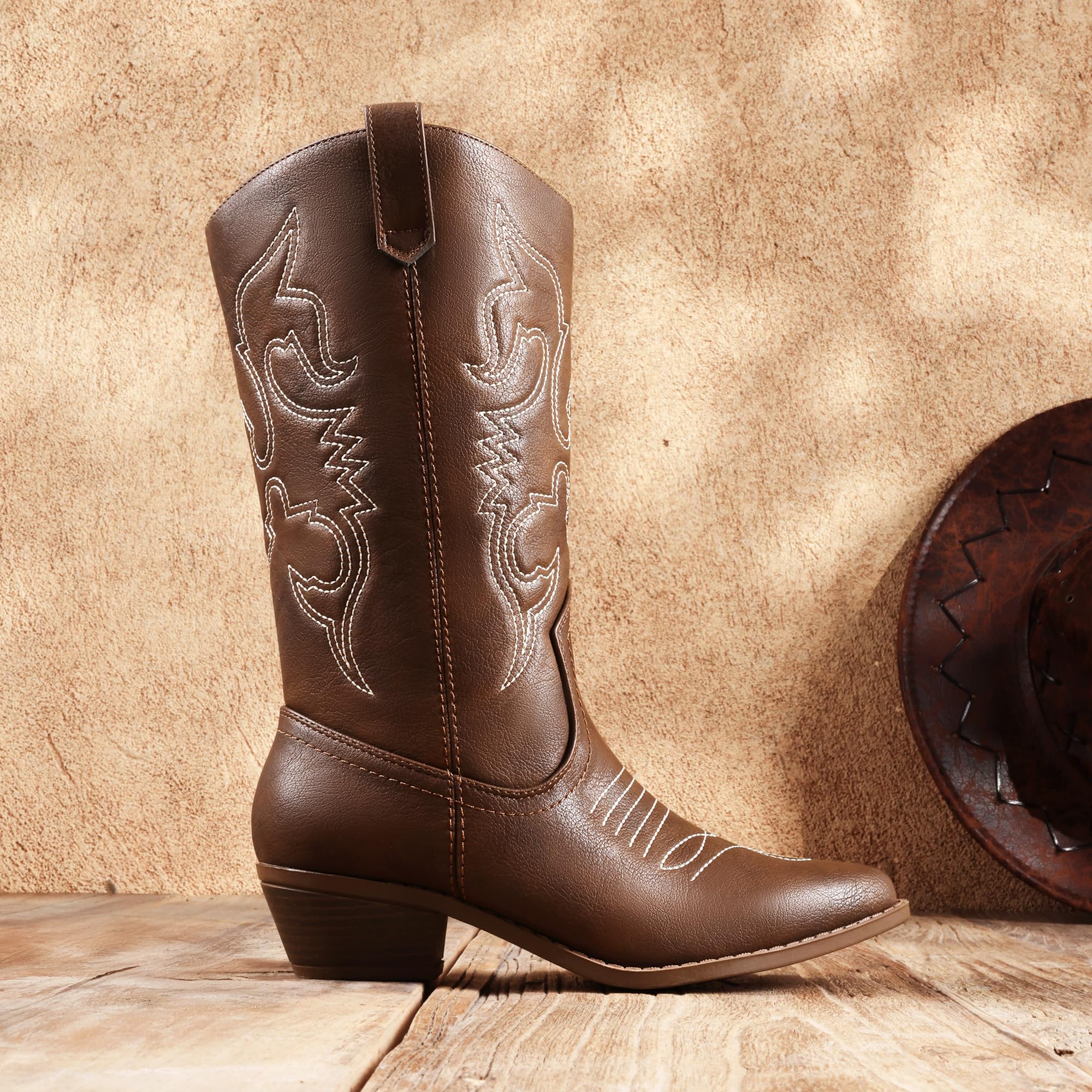 DREAM PAIRS Botas Vaqueras Tobillo Mujer | Punta clásica, tacón 4.5cm, patrones bordados, forro suave, plantilla PU+4mm látex.