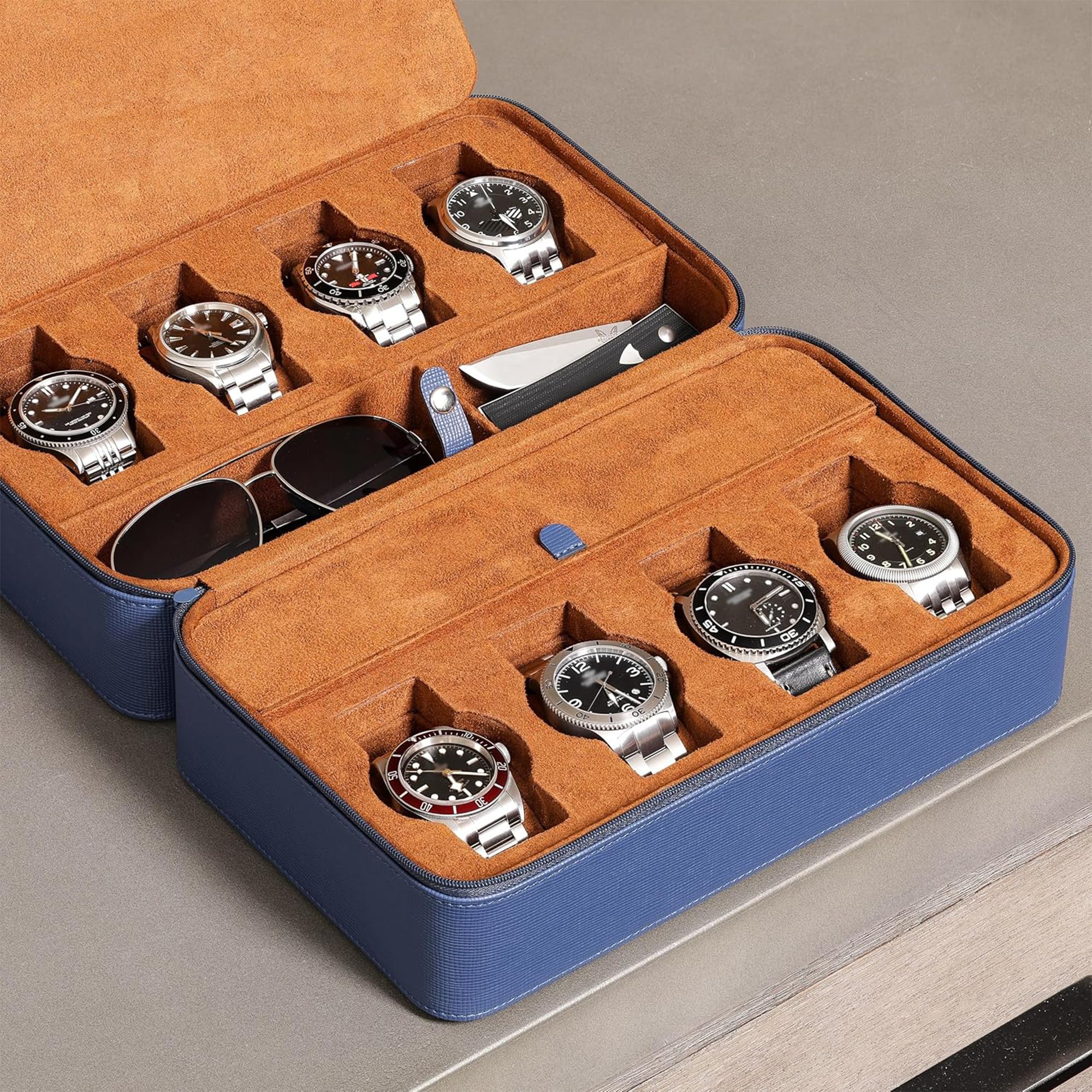 ROTHWELL Étui de voyage pour 8 montres, lunettes de soleil, bagues et boutons de manchette | Protection portable robuste avec fermeture éclair – S’adapte à la plupart des montres