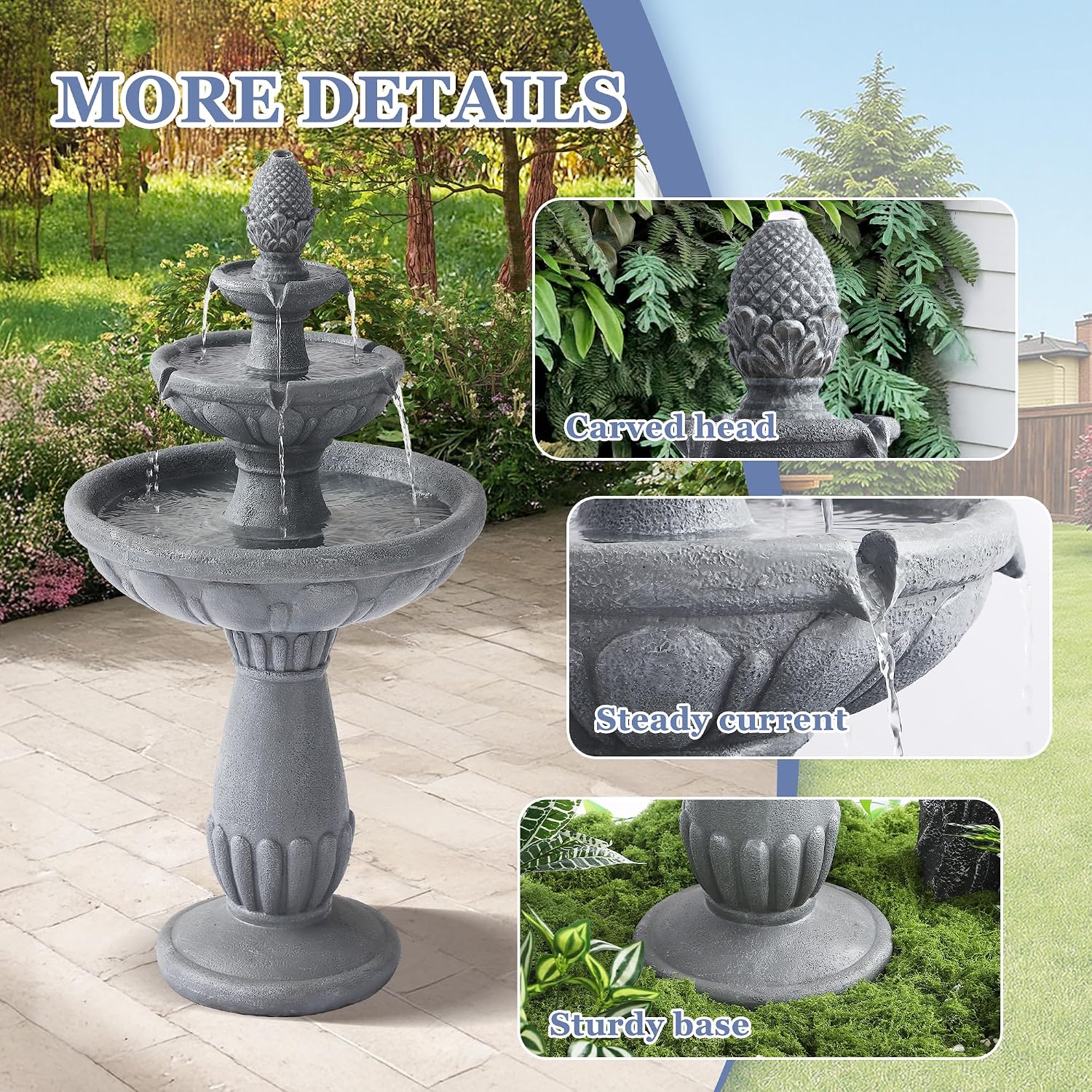 Grepatio 3-Tier Outdoor Water Fountain, 40.6" H Waterfalls with Pump, Italian Roman Pillar Garden Fountain, Indoor Modern Floor Standing Water Fountains for Garden, Patio, House Decor