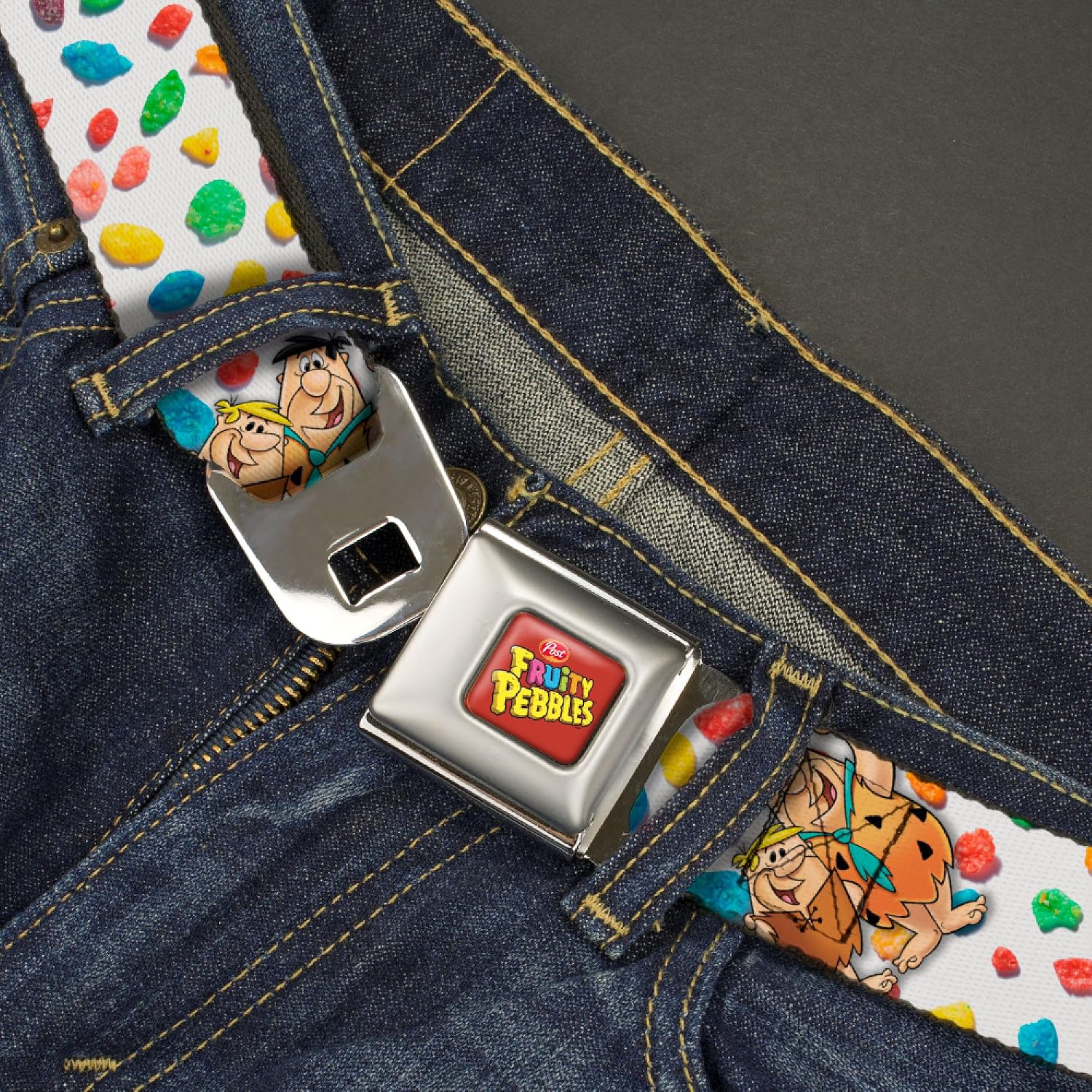 The FlintstonesBelt, Seatbelt Buckle Belt, Fruity Pebbles Fred and Barney Pose and Cereal Multi Color, Adjustable