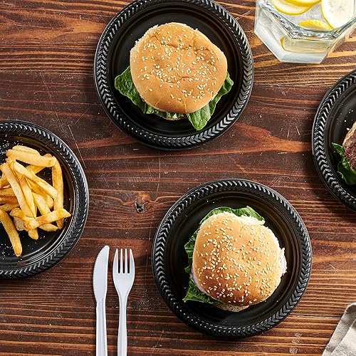Miniatura 2 de PLASTICPRO 200 PIEZAS Platos de Plástico Negros Ligeros de 7 Pulgadas Platos de Plástico para Cena, Postre y Aperitivo Platos Negros Desechables