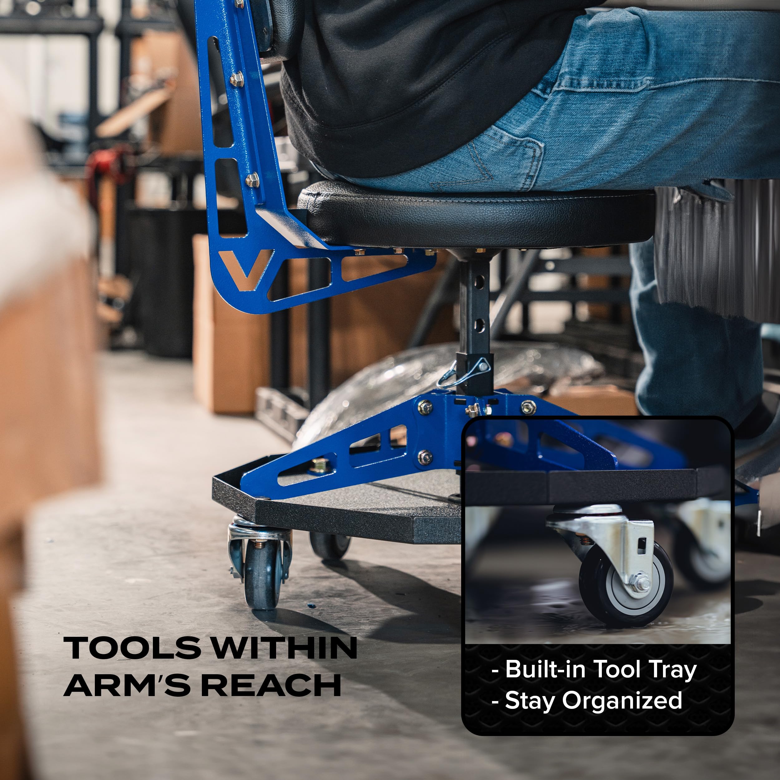 Vyper - Silla deportiva de acero robusta para mecánica, automoción, bricolaje, taburete de garaje de capacidad de 300 libras con respaldo y ruedas grandes (asiento negro, marco azul)