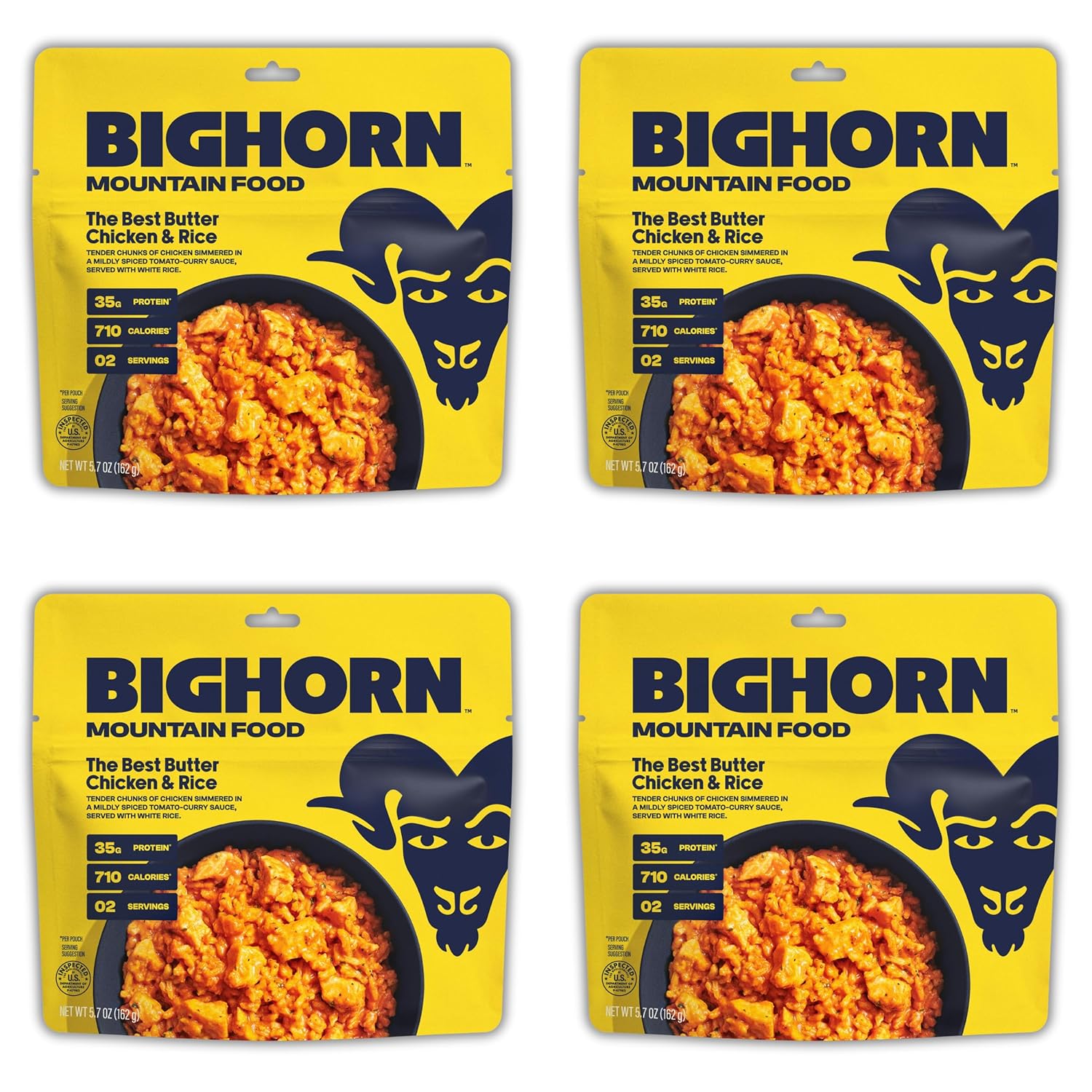 BIGHORN Mountain Food The Best Butter Chicken and Rice - contains 4 packs | 8 servings | 140g Protein | 2,840 Calories - premium freeze dried meals for backpacking food - dehydrated camping food for backpacking meals - ideal camping meals just add water - great taste