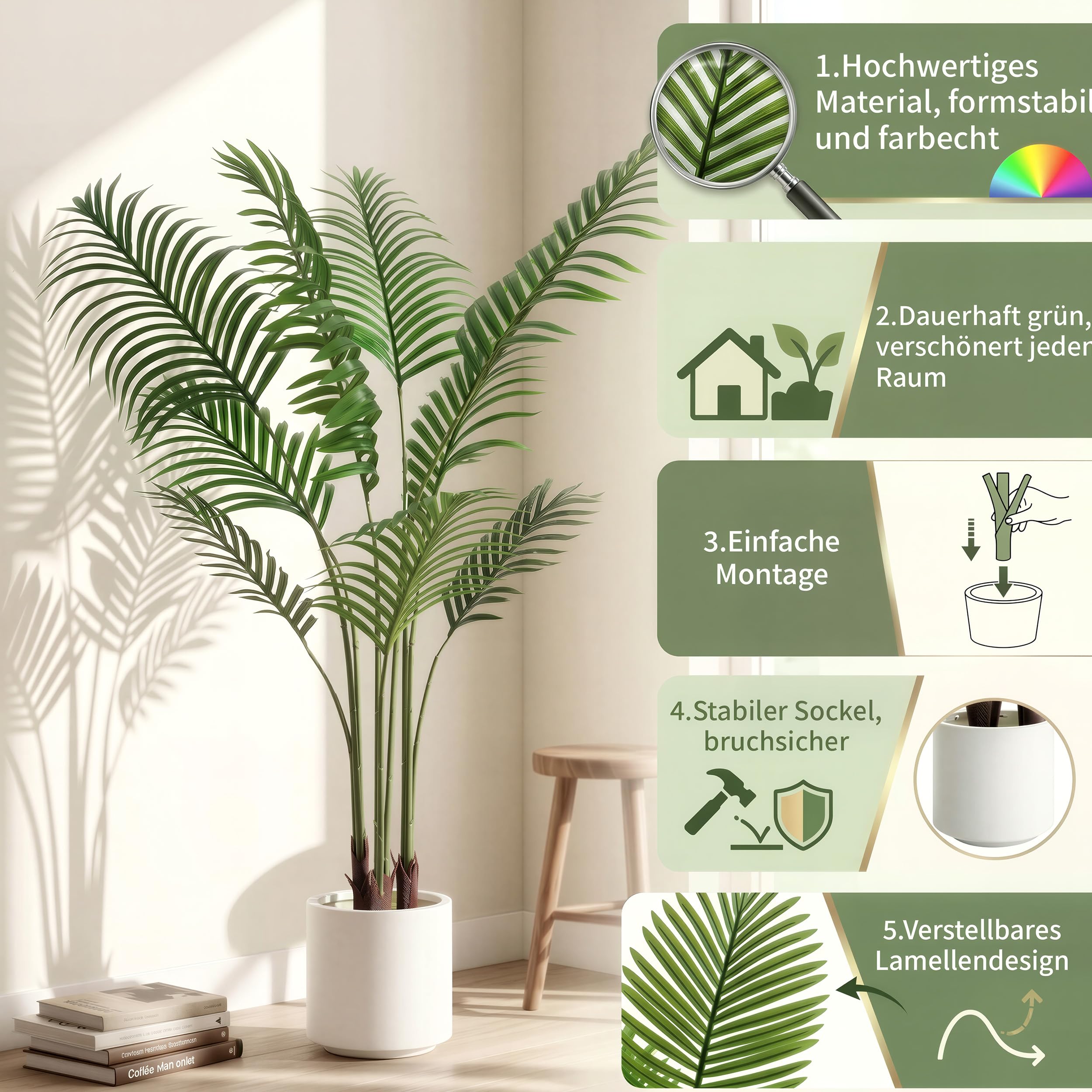 BEAUTYPEAK Palm Plant Kunstpflanze 120cm, Künstliche Pflanze 2 Stück | Langlebig und Formstabil Künstliche Pflanzen, Zimmerpflanze Deko für Wohnzimmer Balkon, Büro, Flur, Fake Plants Wie Echt
