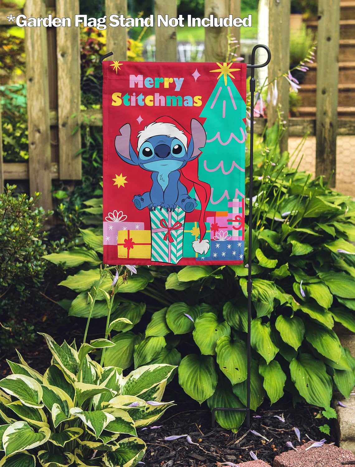 Flagology, Disney Merry Stitchmas Stitch – Garden Flag 12" x 18", Outdoor Flag, Exclusive Premium Fabric, Officially Licensed Disney, Christmas
