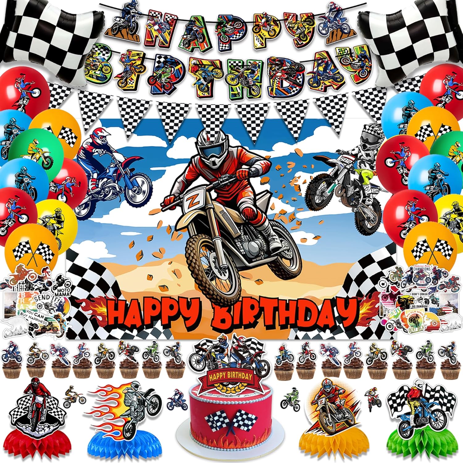 94PCS Dirt Bike Birthday Party Decorations Dirtbike Motocross Party Supplies Includes Banner Backdrop Balloons Cake & Cupcake Toppers Stickers Centerpieces