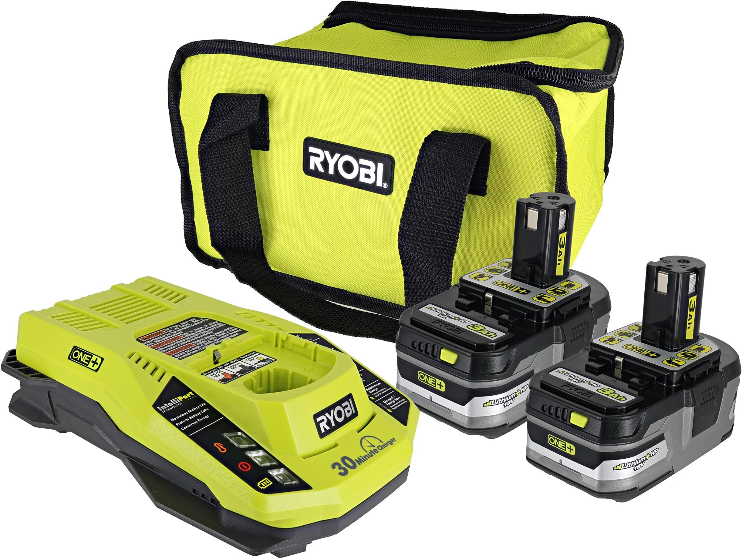 Ryobi P165 One+ Lithium Ion Battery and Charging Kit: Includes 2 x P191 3.0 AH 18V Batteries, 1 x P117 Charger, and 1 x Contractor’s Bag