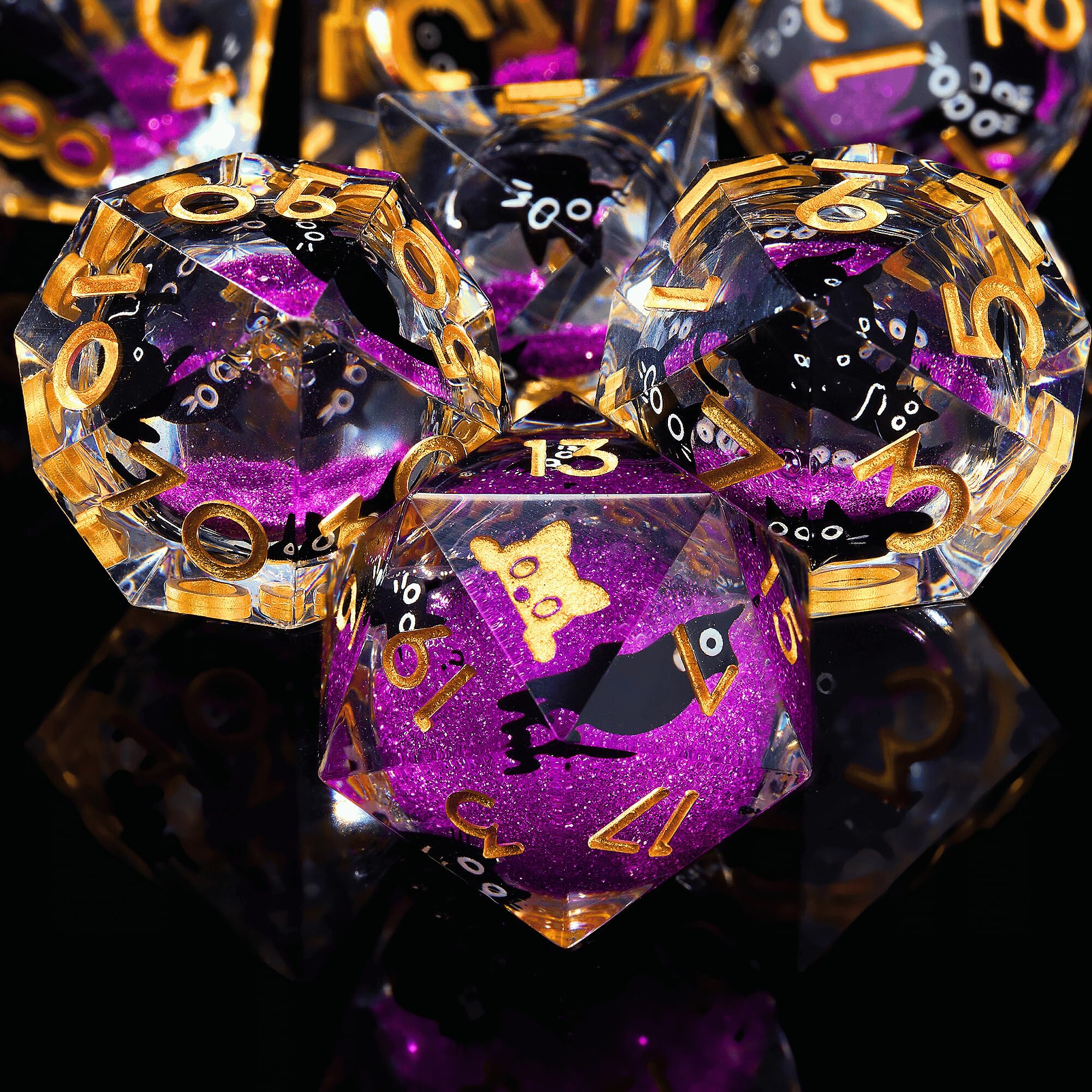 Liquid Core Cat DND Dice Set 7Pcs with Box- Sharp Edge Cute Cat Style Resin Dungeons and Dragons Dice for D&D, Roleplaying Games, RPG, MTG, Table Games D20 D12 D10 D8 D6 D4(Cathead-Purple)