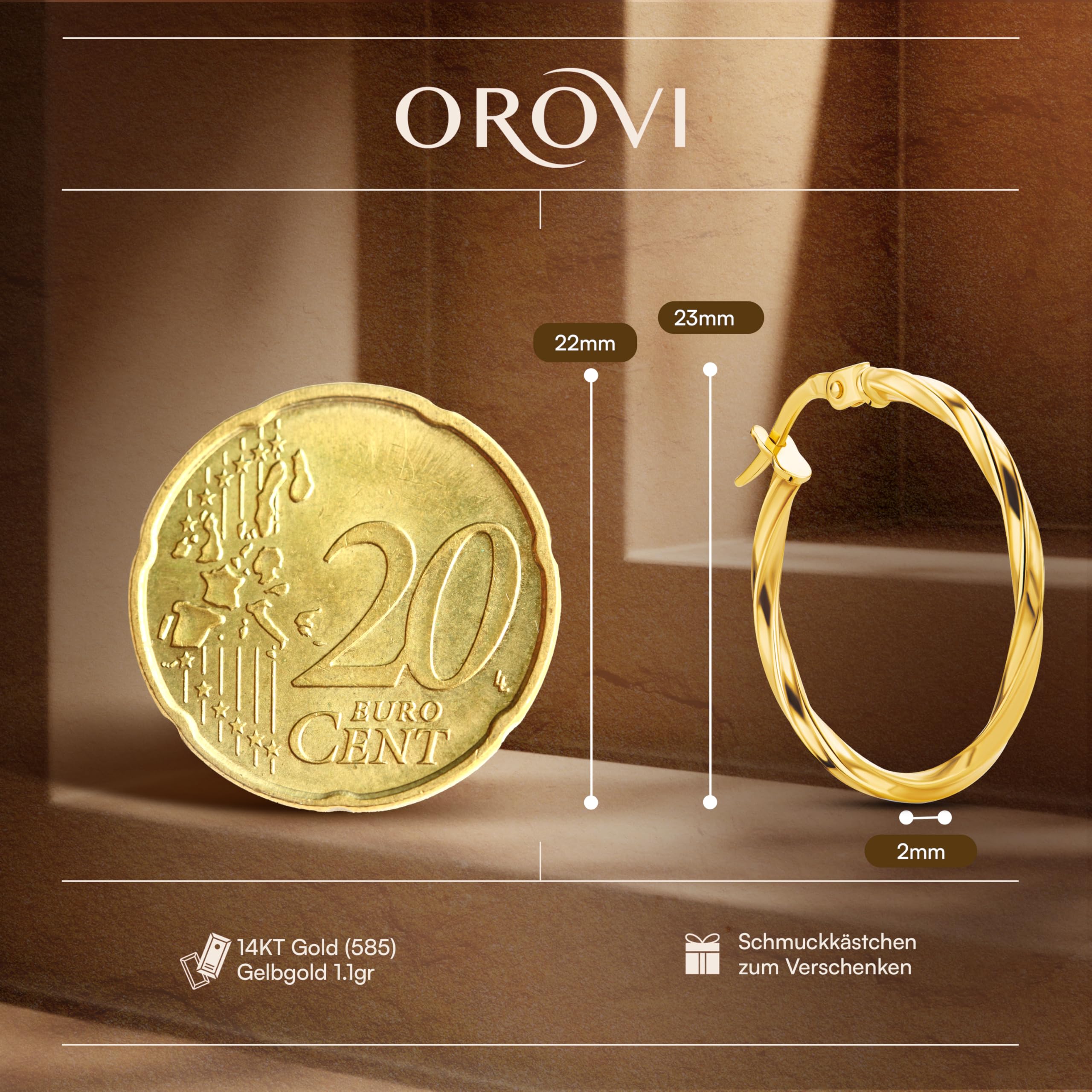 OROVI Ohrringe Gold- 14 karat (585) Gelbgold – Goldene Creolen Damen, Creolen Gold 23 mm, Hypoallergene goldene Ohrringe, Schmuck Damen, Goldschmuck hergestellt in Italien- inkl. edler Schmuckbox