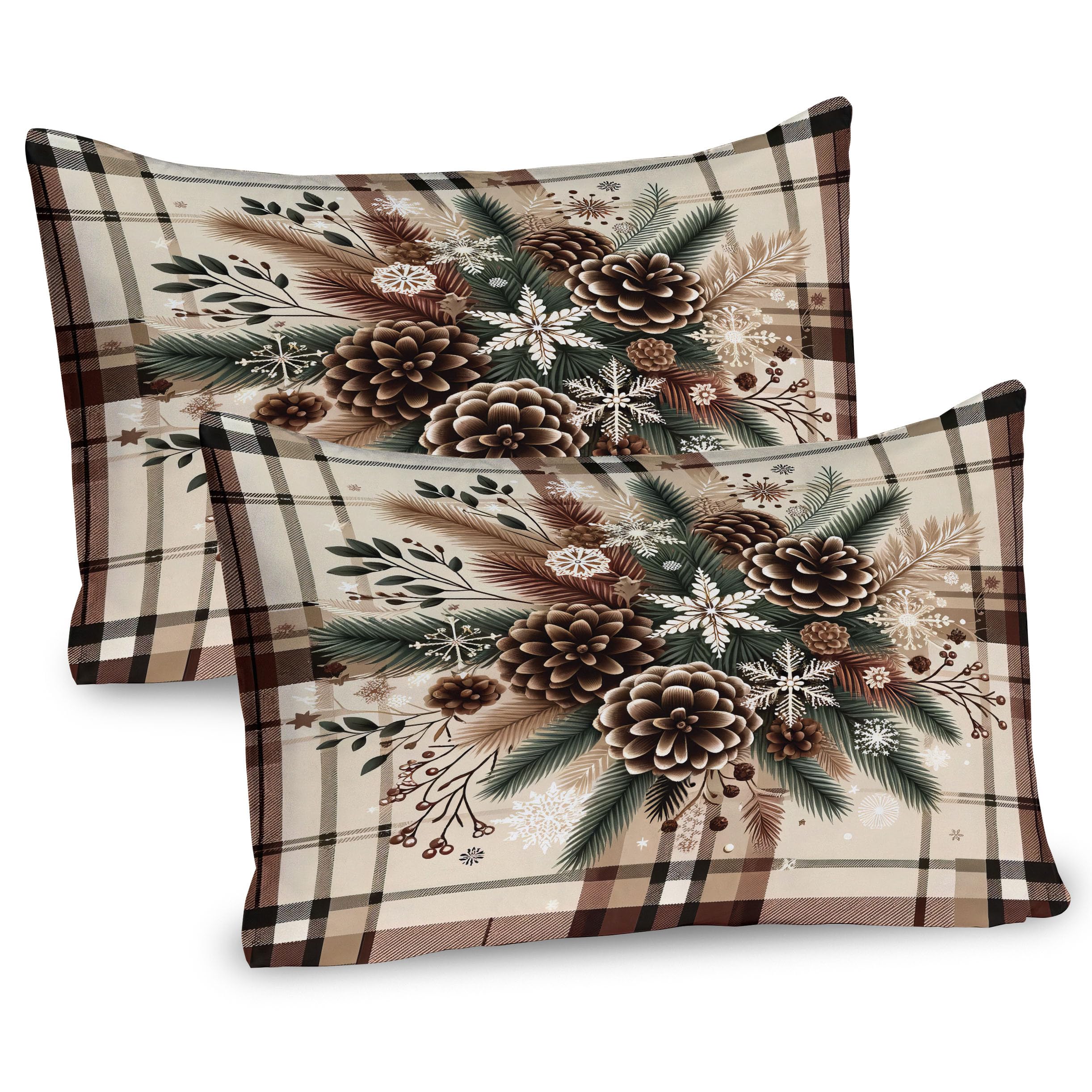 Ambesonne Christmas Pillow Sham Set of 2, Traditional Xmas Pinecone and Leaves Ornate on Plaid Background Print, Quality Microfiber Bedding Item for All Seasons, 36