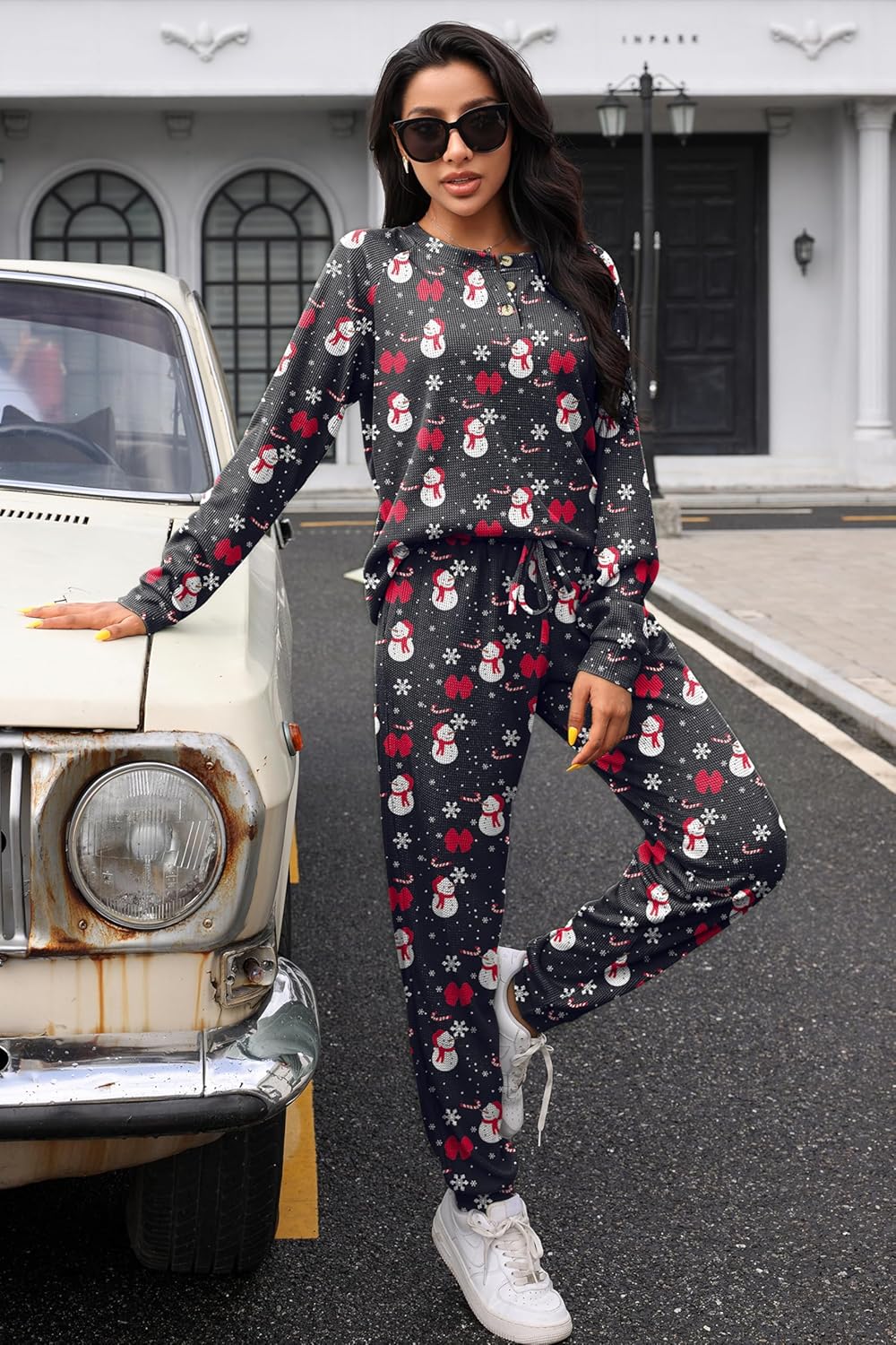 Andeip Womens Pajama Set Waffle Knit Lounge Set 2 Piece Long Sleeve Top and Pants Loungewear Pj Sets - Image 2