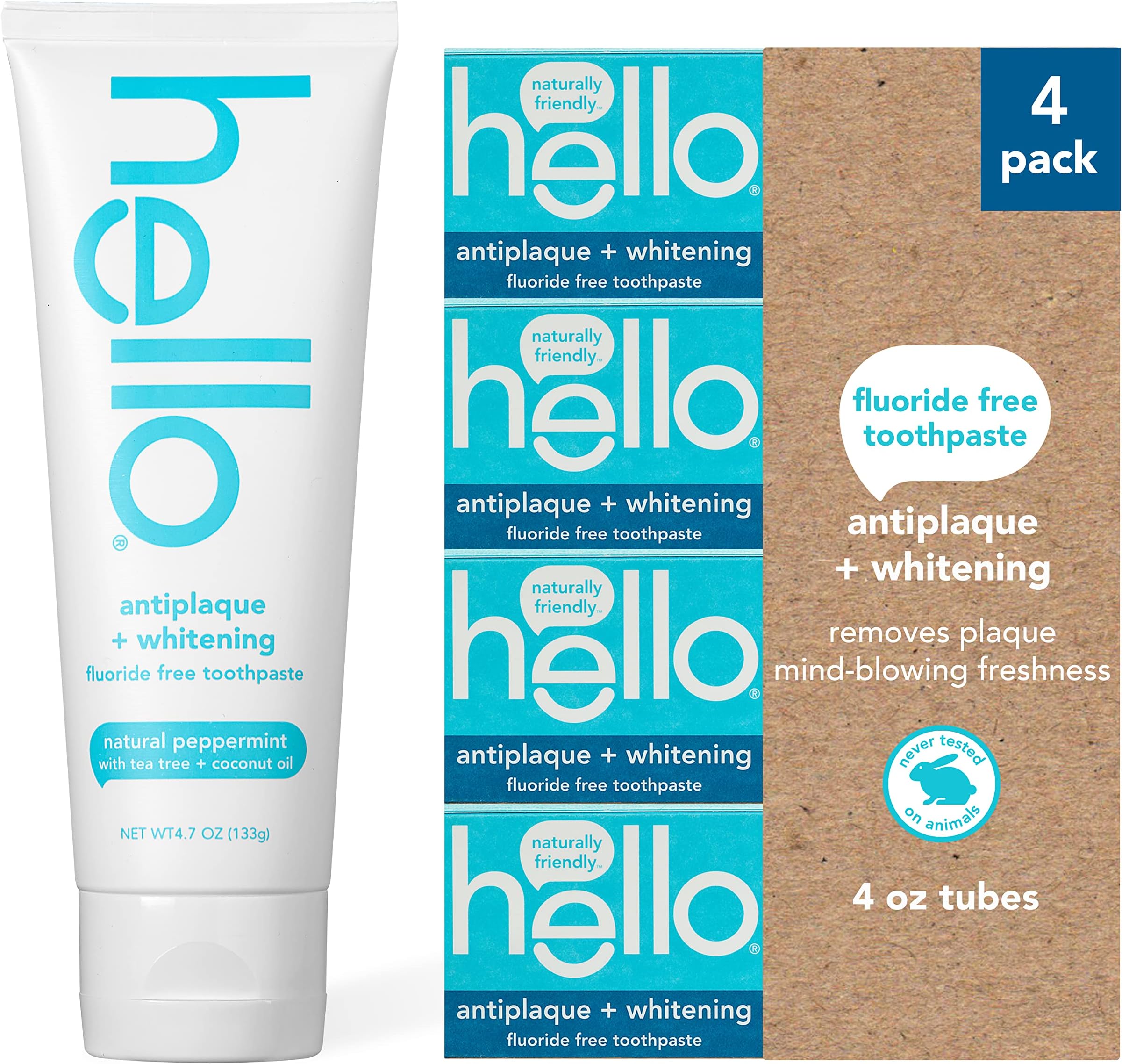 hello Antiplaque and Whitening Fluoride Free Toothpaste, Natural Peppermint Flavor, SLS Free, Gluten Free, Peroxide Free, Vegan, 4.7 Ounce (Pack of 4)