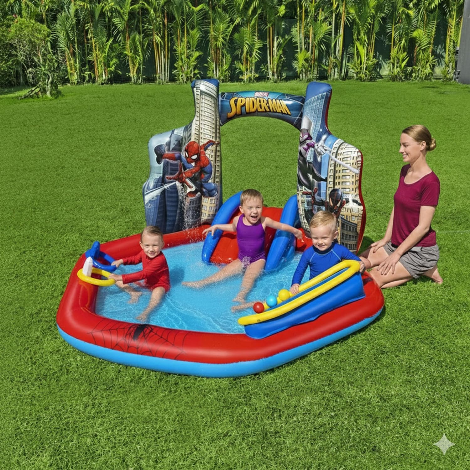 Marvel Spider-Man Inflatable Kids Backyard Water Play Center - Outdoor Sprayer Splash Kiddie Pool with Water Slide Arch, 6 Balls, Ring Toss