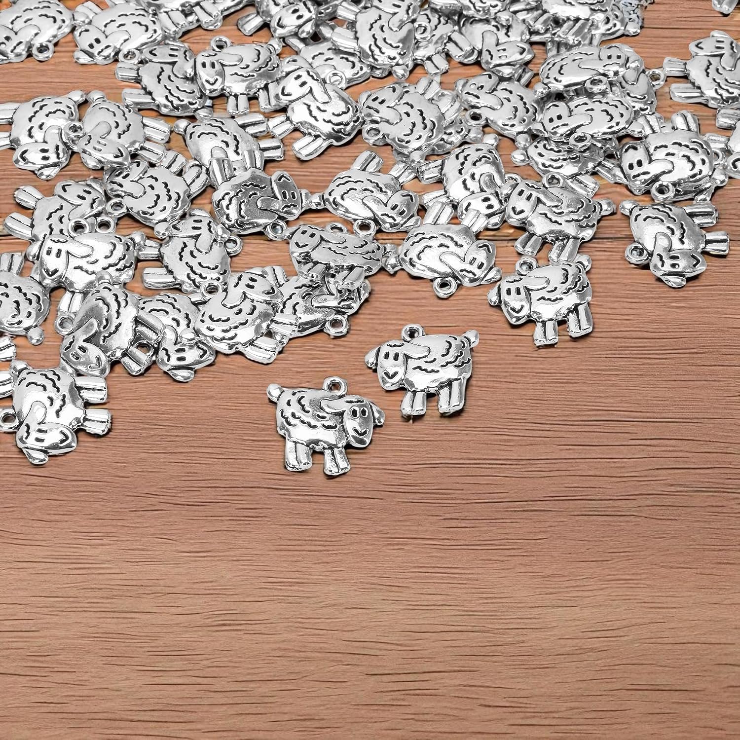 100pcs Cute Mini Sheep Lamb Dangle Charms Tibetan Style Exquisite Antique Silver Zinc Alloy Pendants for DIY Jewelry Making, Earrings, Bracelets, Necklaces, Knitting, Crochet, Crafts (18mm x 16.5mm)