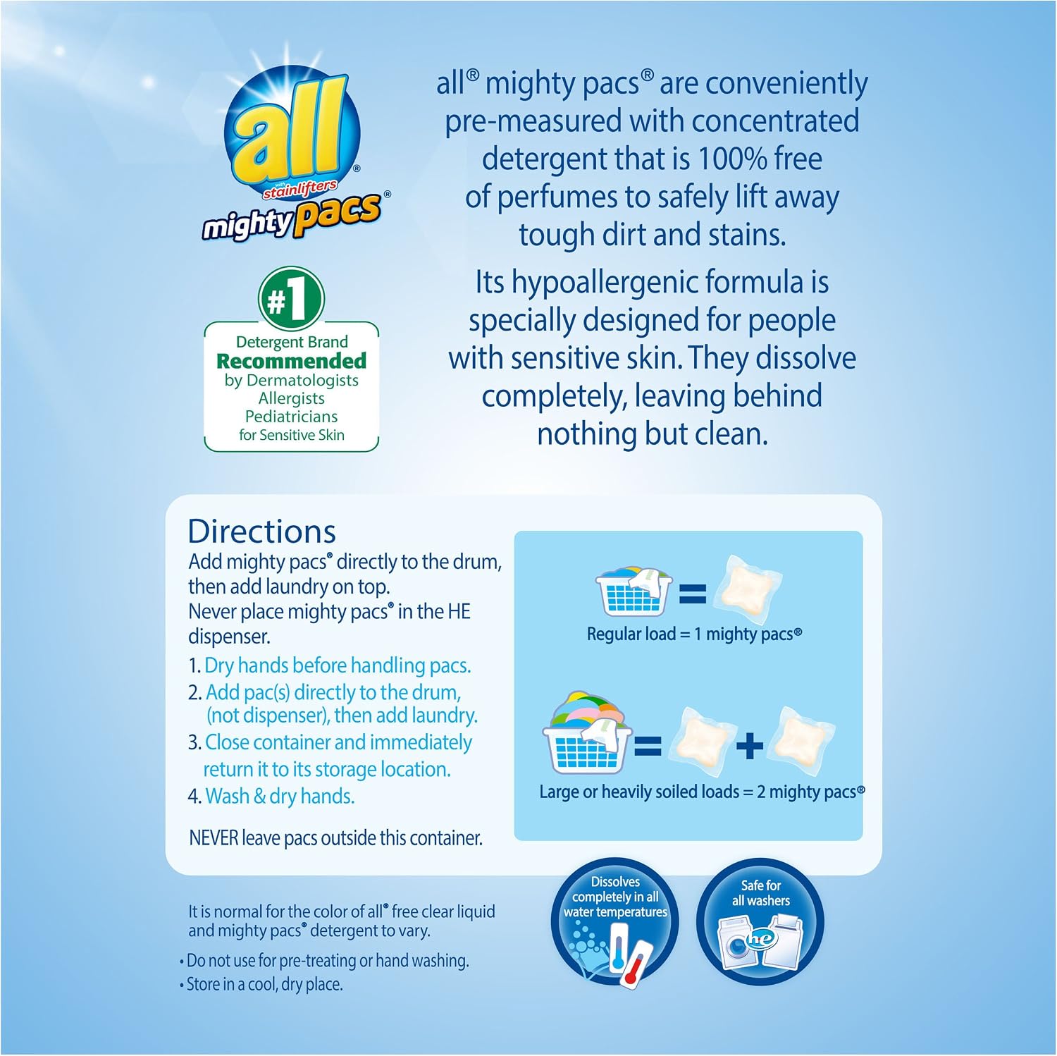 all Mighty Pacs Laundry Detergent, Free Clear for Sensitive Skin, Tub, 67 Count