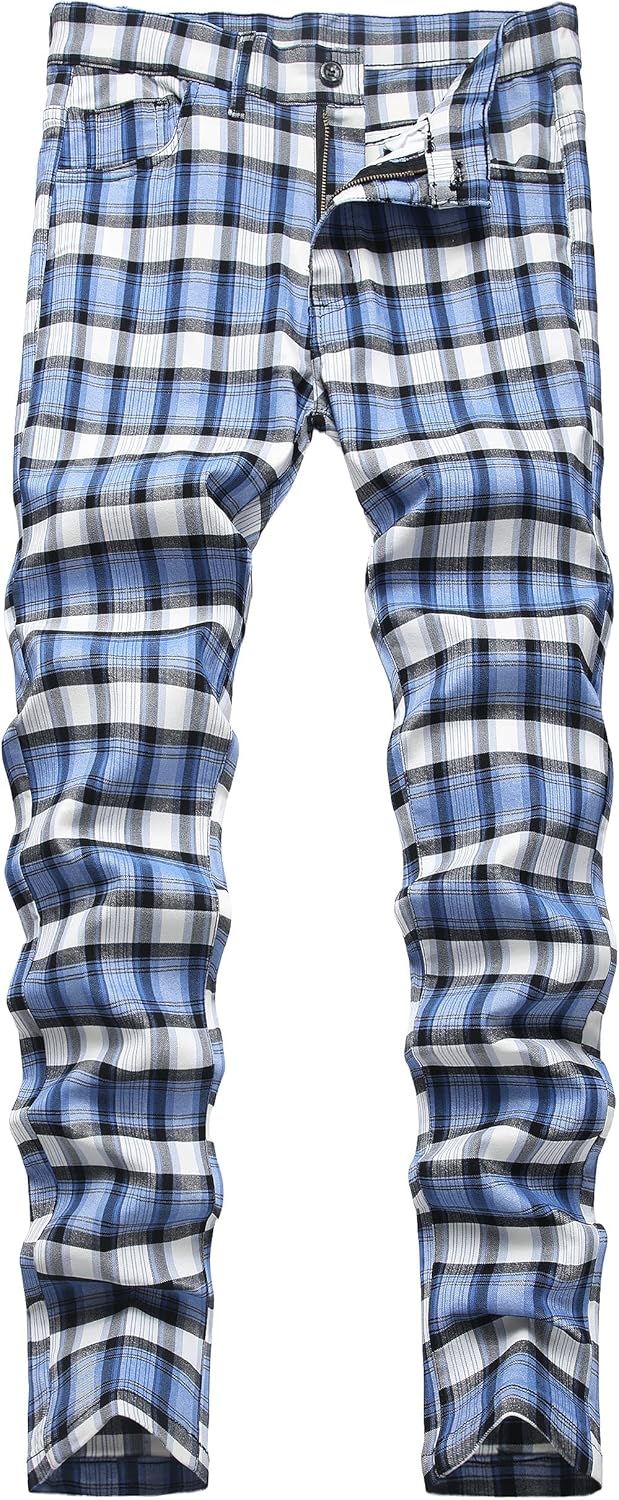 NOVOCCT Men's Stretch Slim Fit Plaid Pants, Casual Skinny Dress Pants for Office Work & Daily Wear