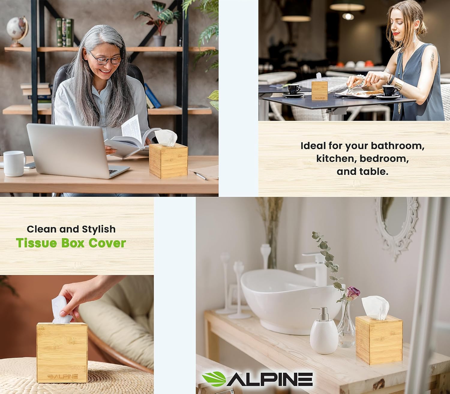 Alpine Industries Wooden Bamboo Square Tissue Box Cover - Eco Friendly Pull Cube Dispenser - Decorative Holder/Organizer for Bathroom, Office Desk & Car (Bamboo),405-BMB