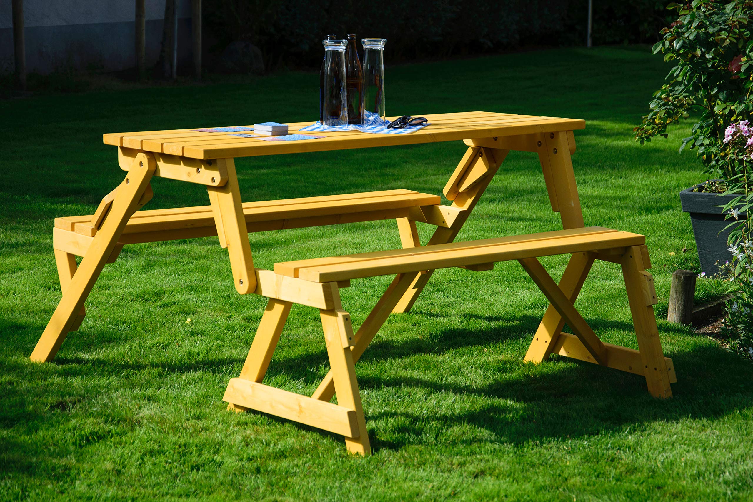 dobar® 29301FSCe Picknickbank 2in1 Groß | Multifunktions Gartenbank | Picknicktisch Massivholz | Sitzbank und Tisch 4 Personen | Sitzgarnitur Outdoor | 138 x 144 x 77 cm | Natur