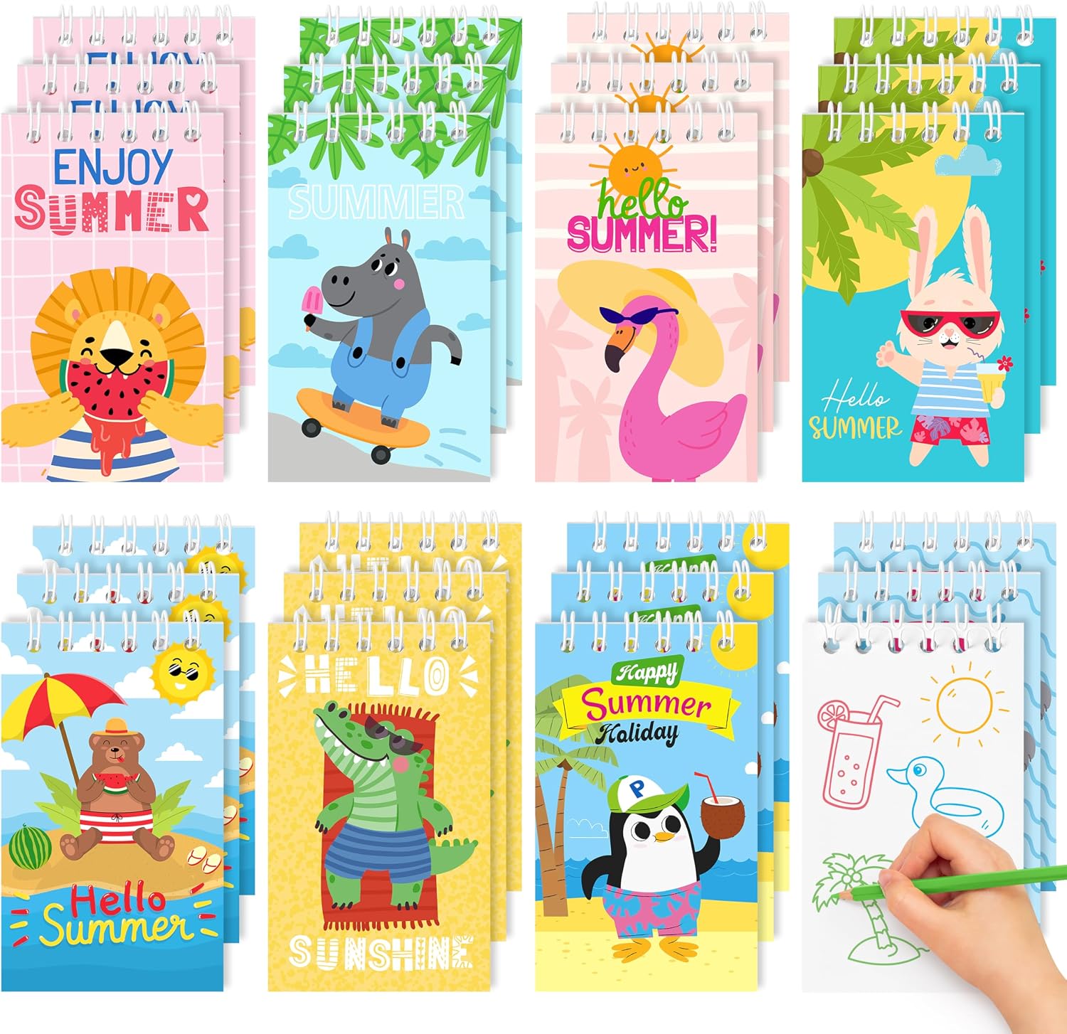 24Packs Hello Summer Mini Notepads Cute Cartoon Animal Spiral Notebooks Pocket Journal Memo Pads for Hawaii Beach Themed Birthday Gifts Goodie Bag Stuffers Office School Classroom Rewards